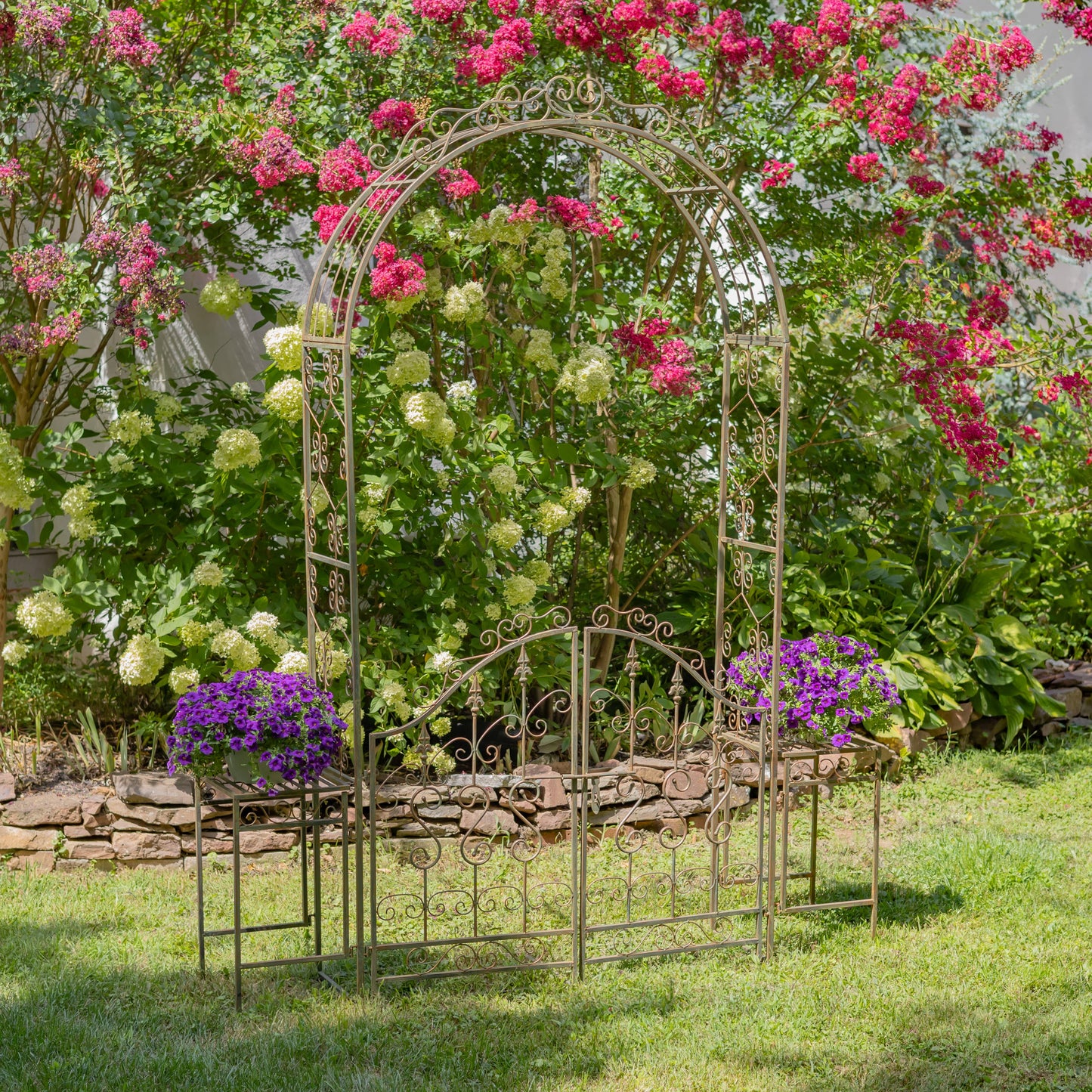 Tall Garden Gate Archway with 2 Side Plant Stands