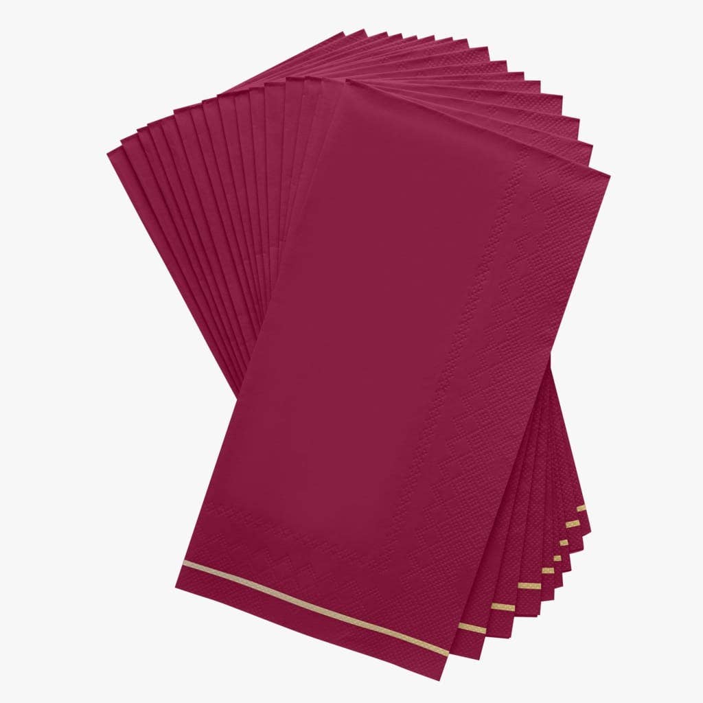 Cranberry Red With Gold Stripe Paper Dinner Napkins - 16 Pack