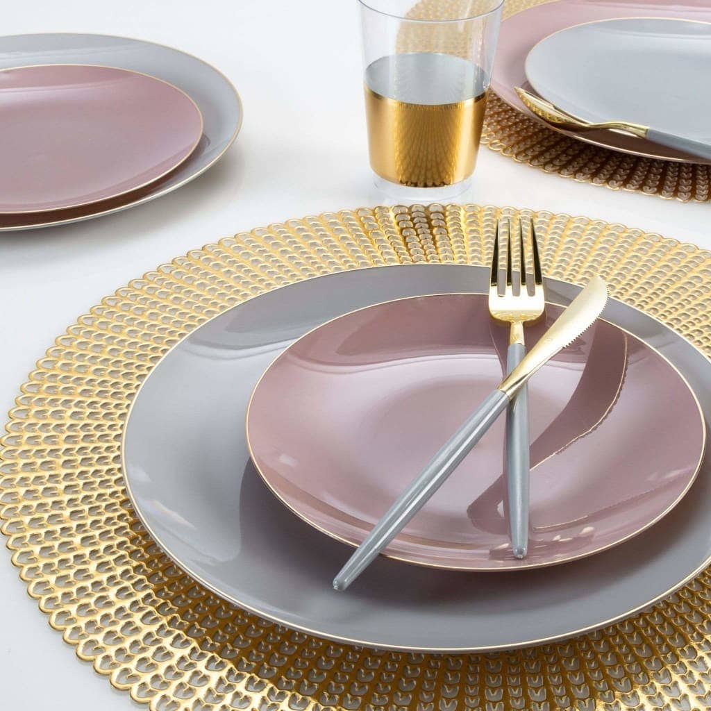 7.25" Round Mauve and Gold Trim Plastic Appetizer Plates - 10 Per Pack