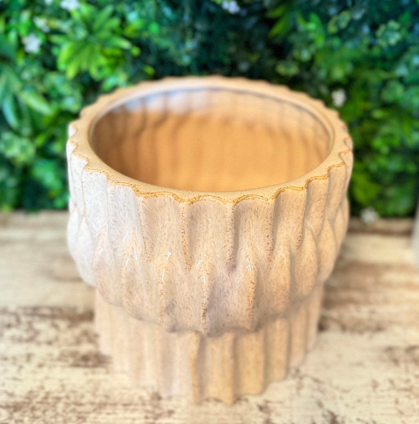 Tan Rippled Ceramic Pot