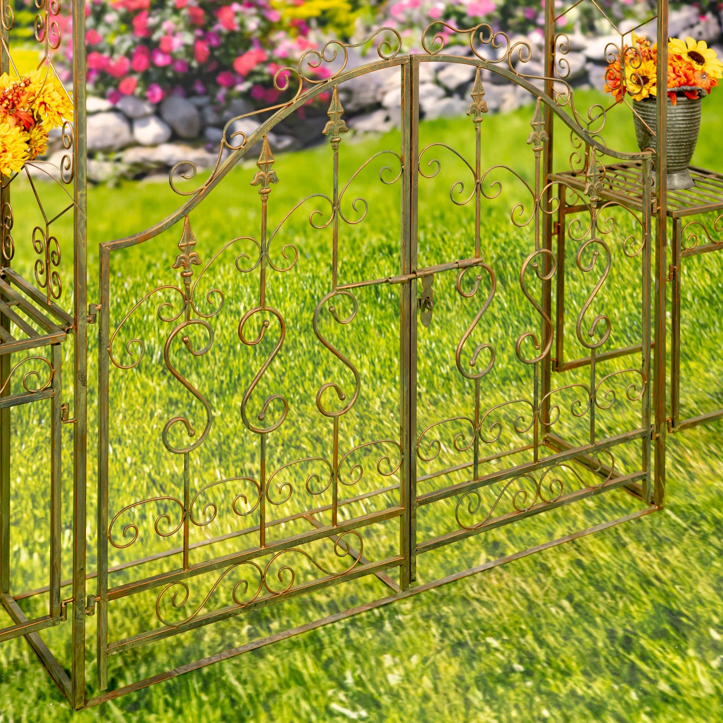 Tall Garden Gate Archway with 2 Side Plant Stands