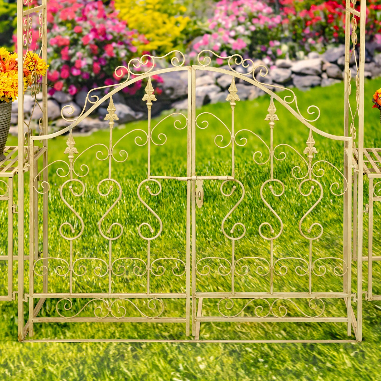 Tall Garden Gate Archway with 2 Side Plant Stands