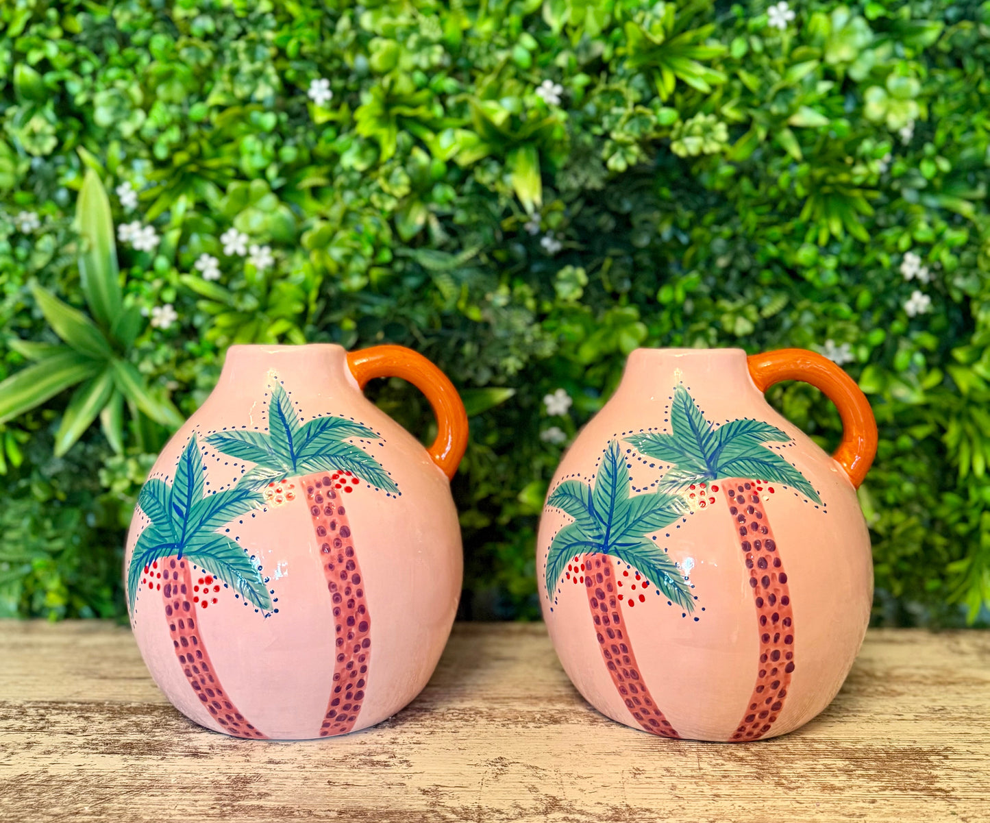 Pink Hand Painted Coconut Palm Ceramic Vase