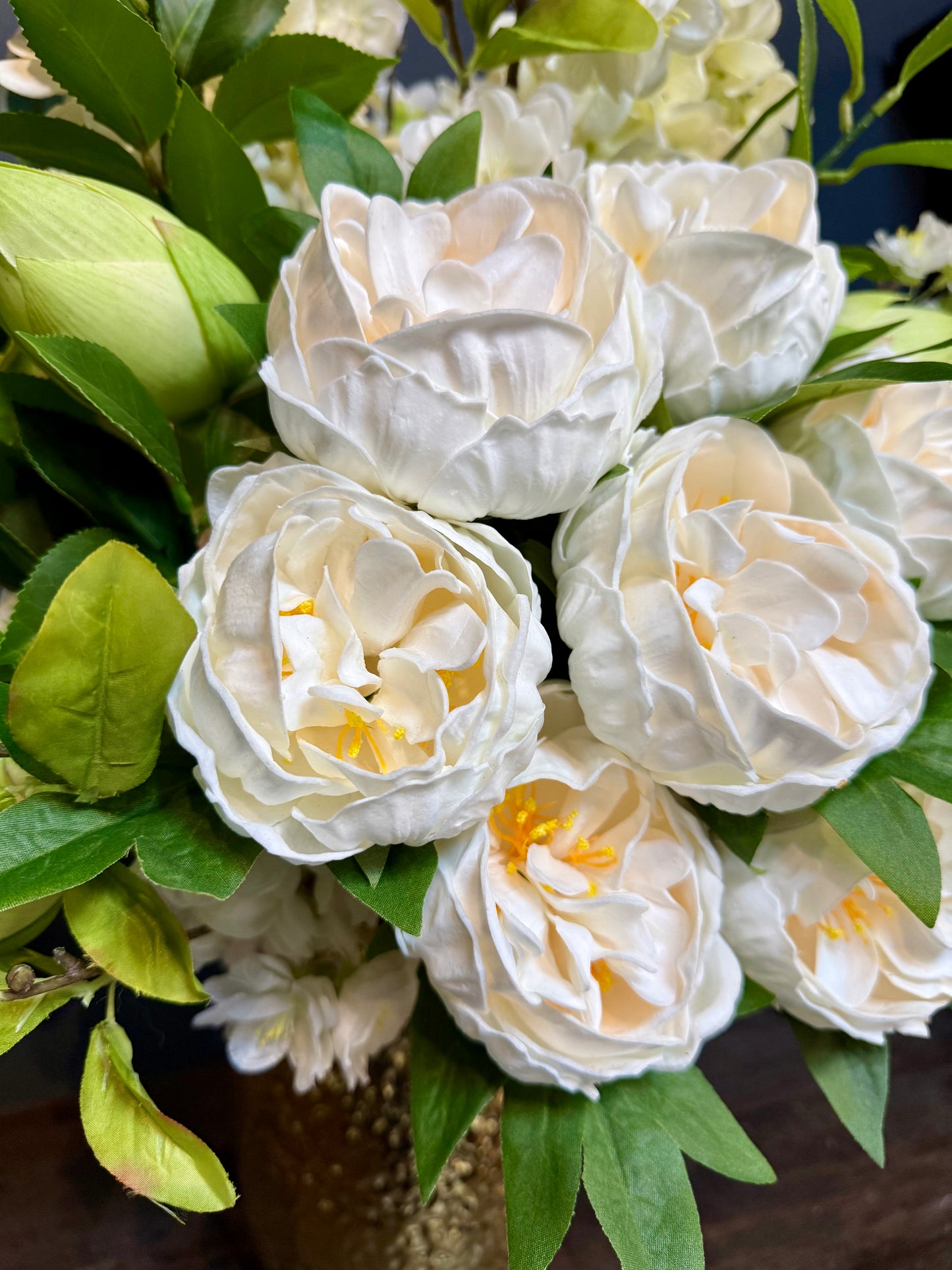 Elegant Real Touch Peonies, and Large Cone Hydrangeas in a Gold Textured Vase