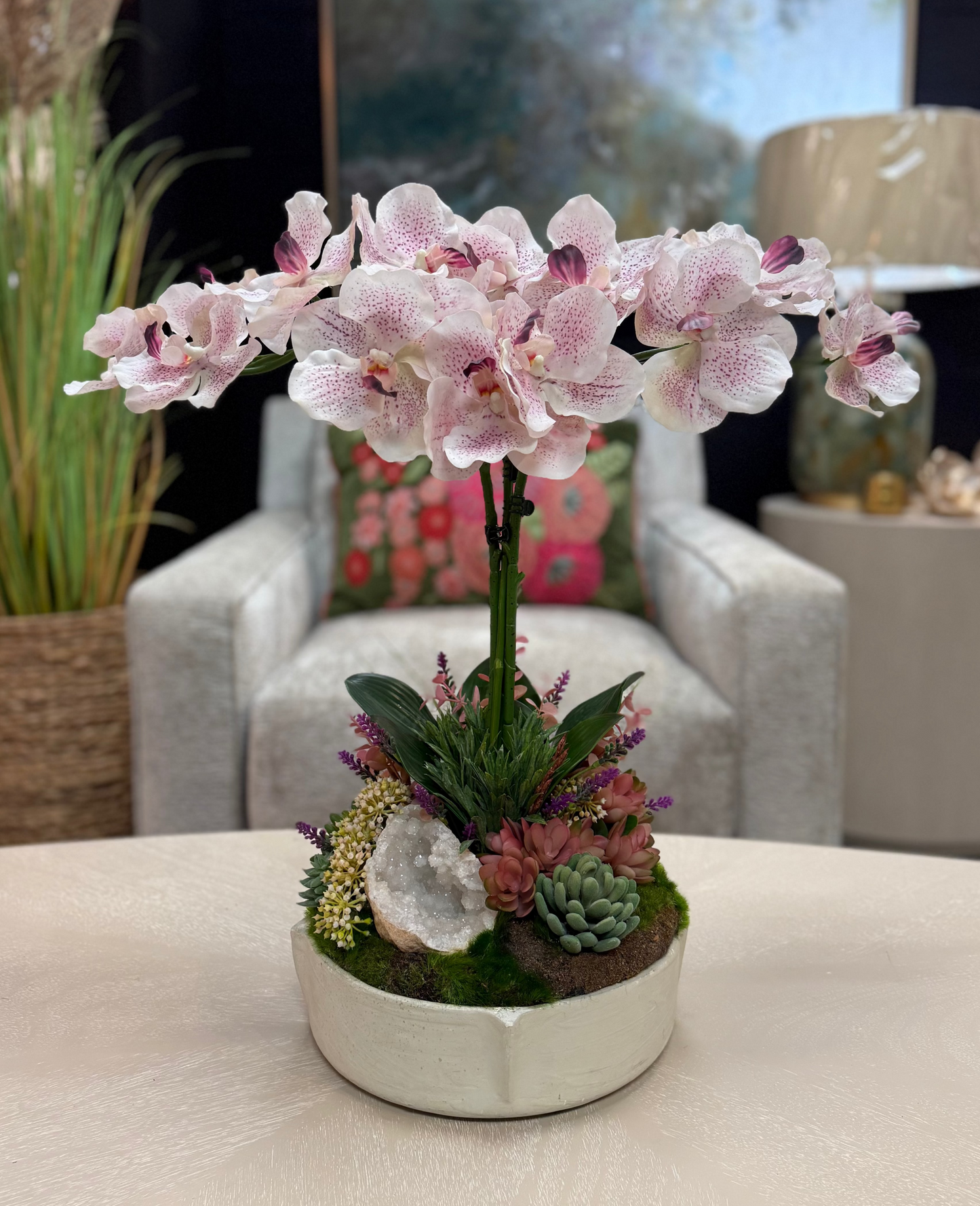 Real Touch Spotted Orchid and Quartz Geode Arrangement