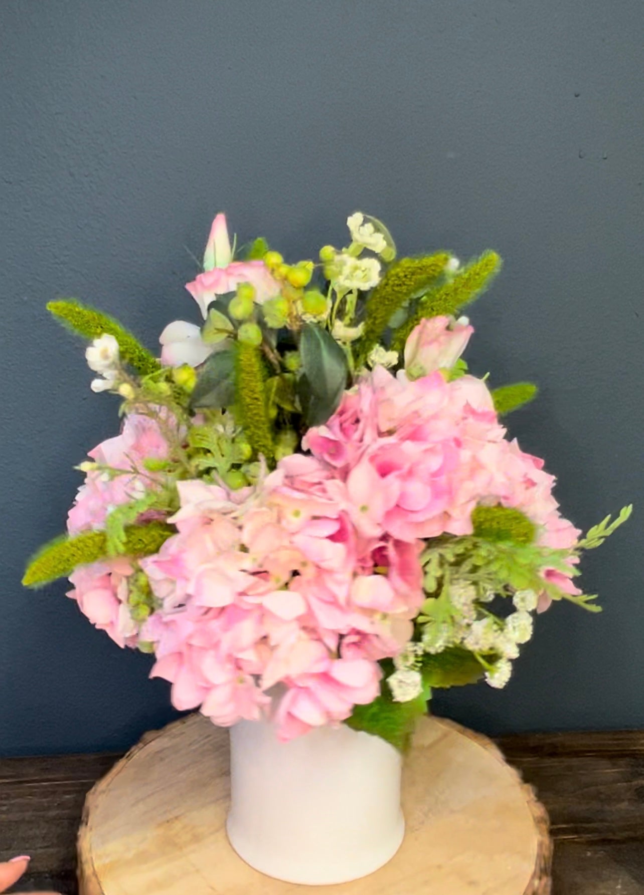 Pink Hydrangea in White Pitcher