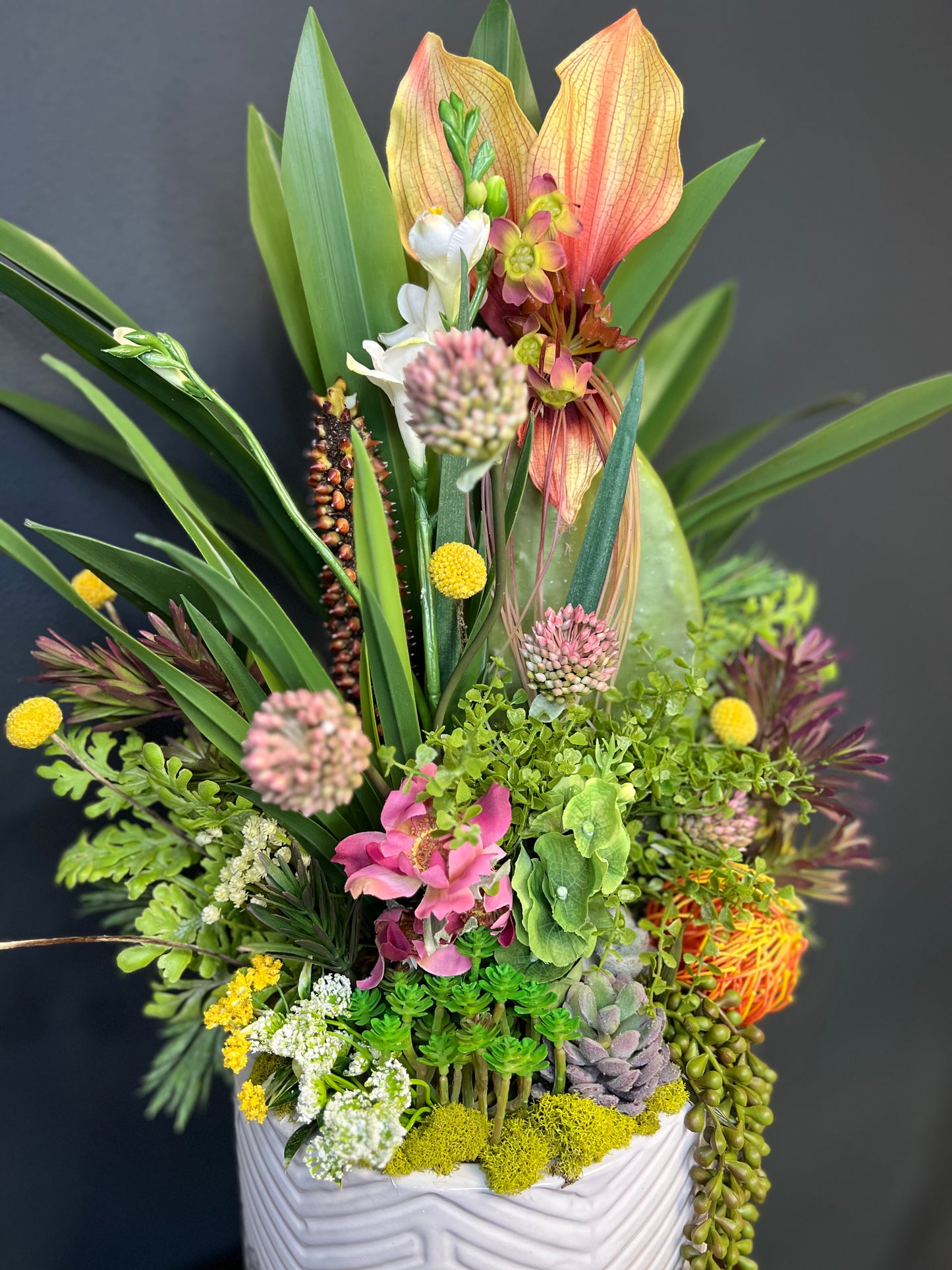 Custom Botanical and Succulent Arrangements in White Ceramic Pots