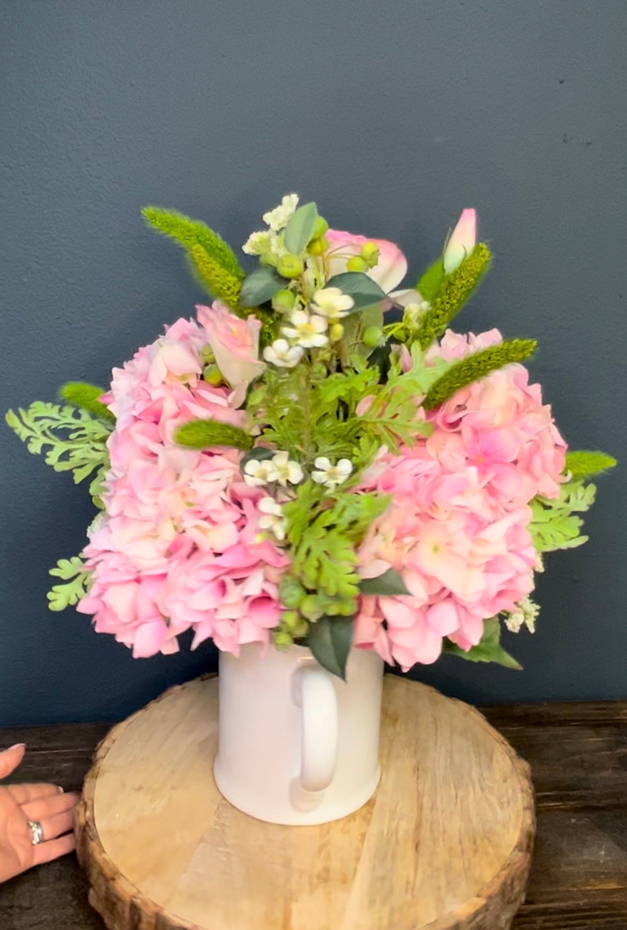 Pink Hydrangea in White Pitcher