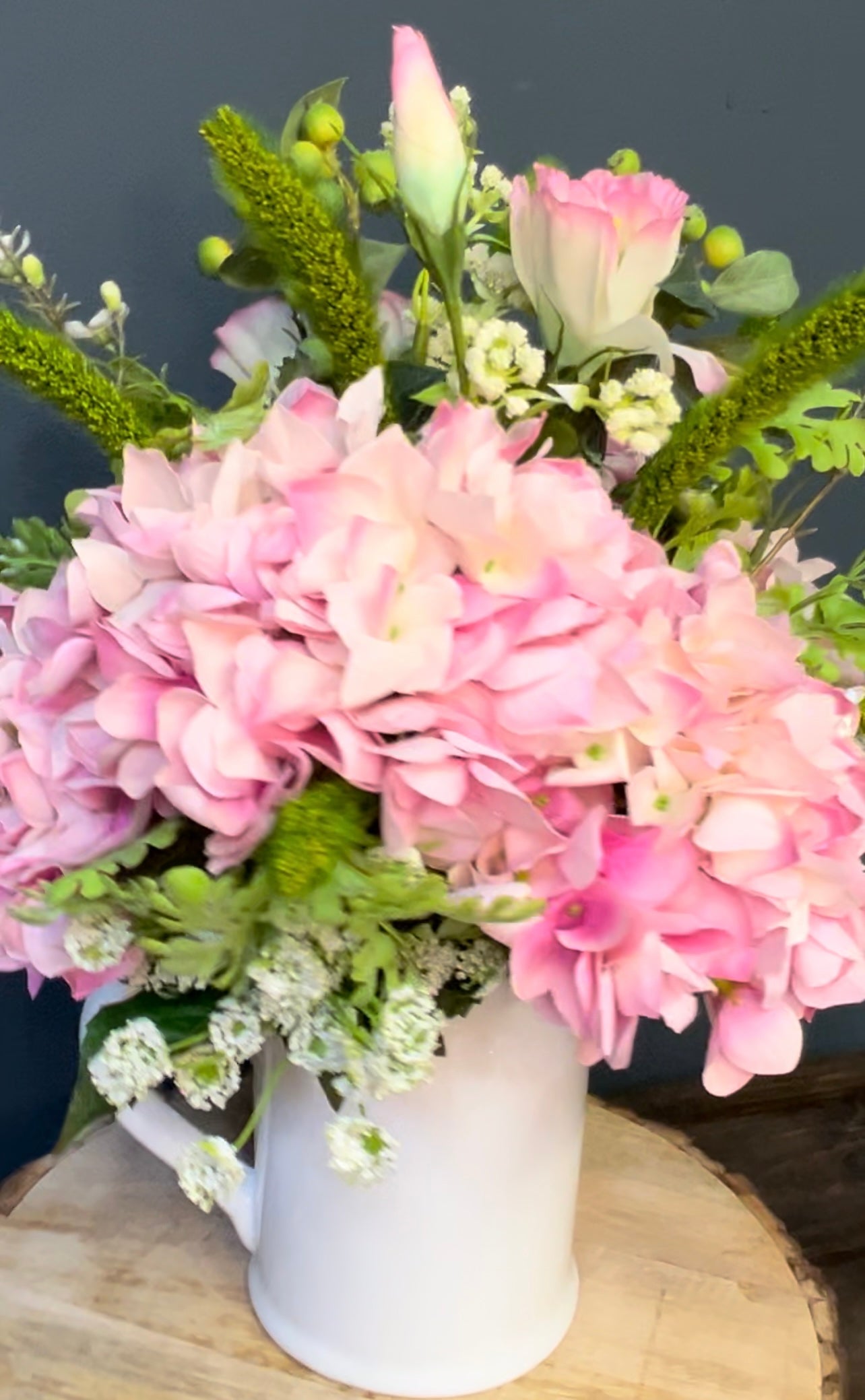 Pink Hydrangea in White Pitcher