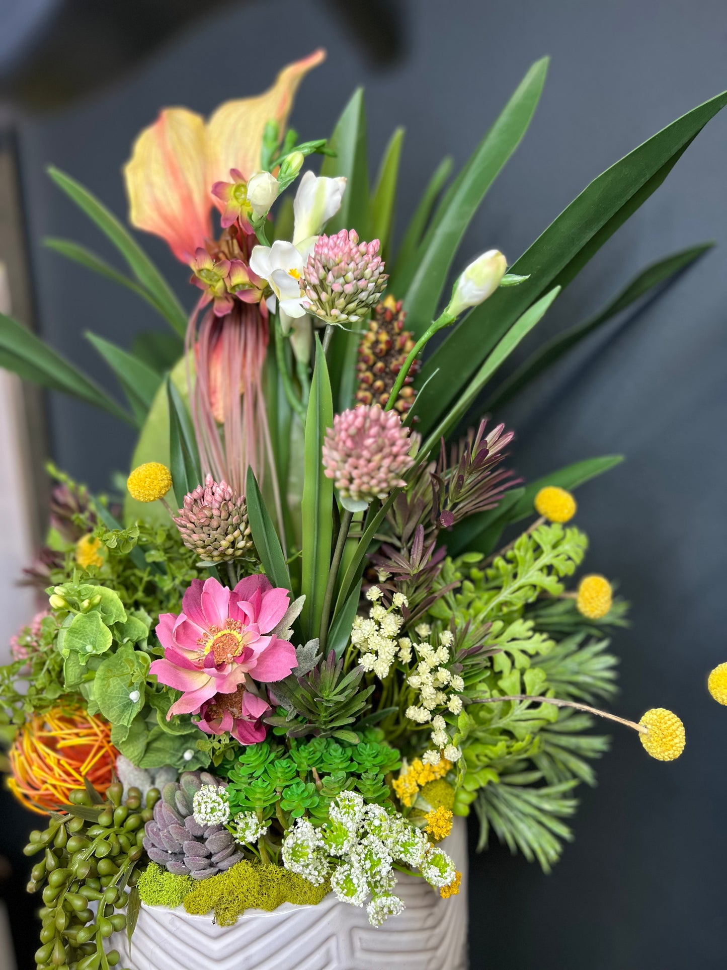 Custom Botanical and Succulent Arrangements in White Ceramic Pots