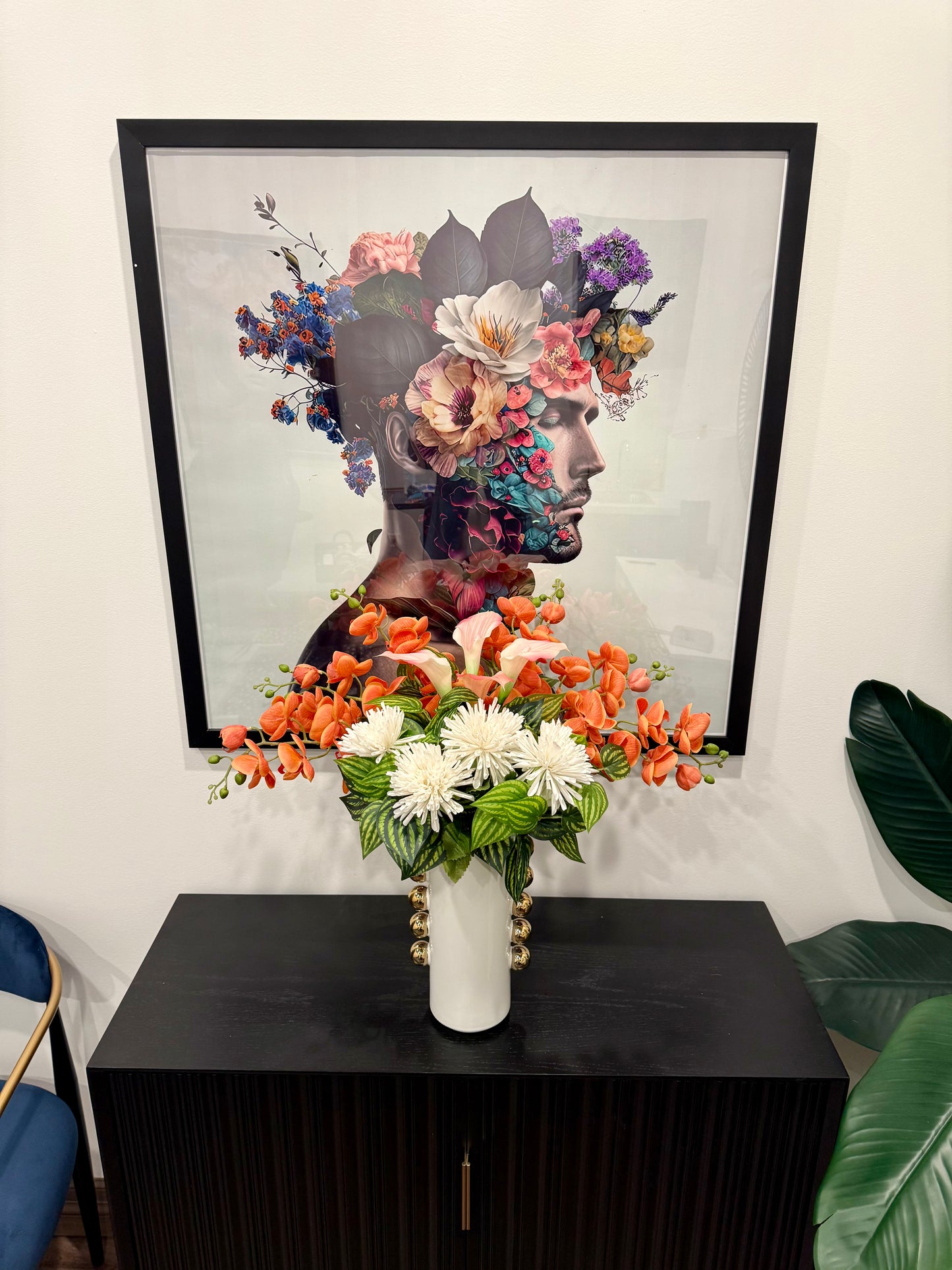 Bright Orange Real Touch Orchids With White Chrysanthemums in a Gold and White Vase