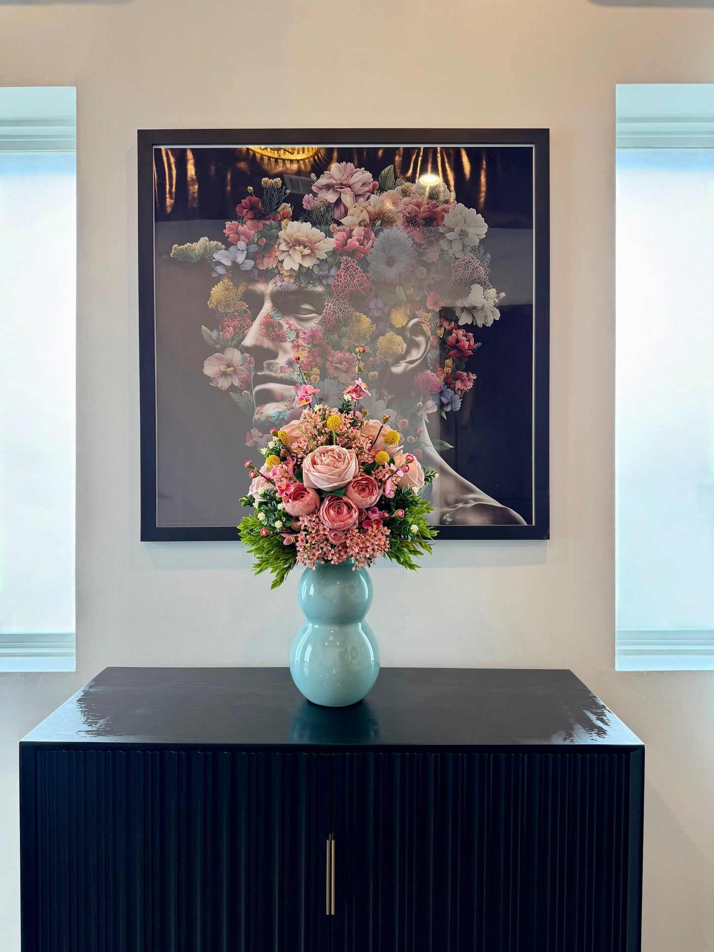 Real Touch Ranunculus Pink Roses in a Soft Blue Bubble Vase