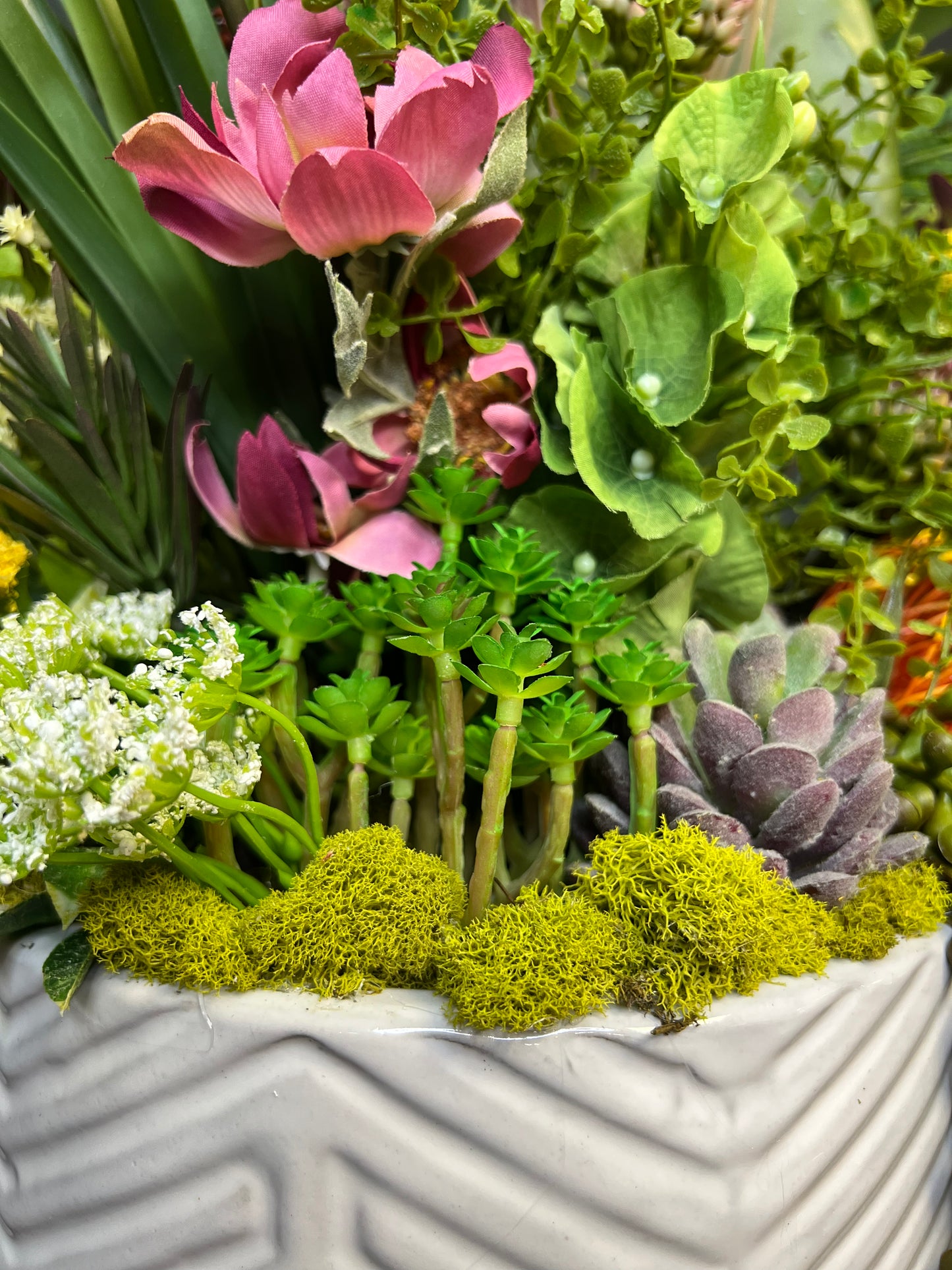 Custom Botanical and Succulent Arrangements in White Ceramic Pots