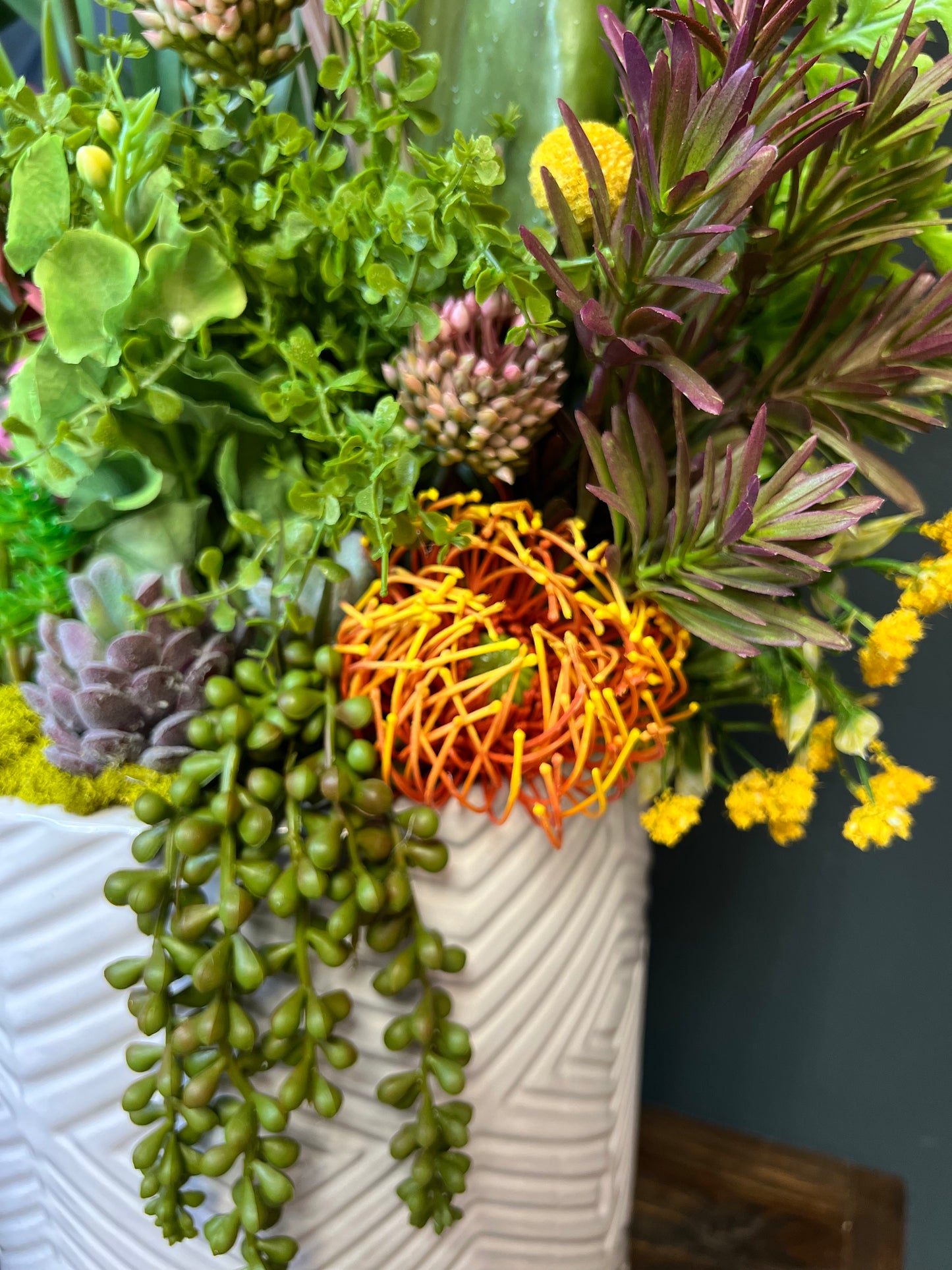 Custom Botanical and Succulent Arrangements in White Ceramic Pots