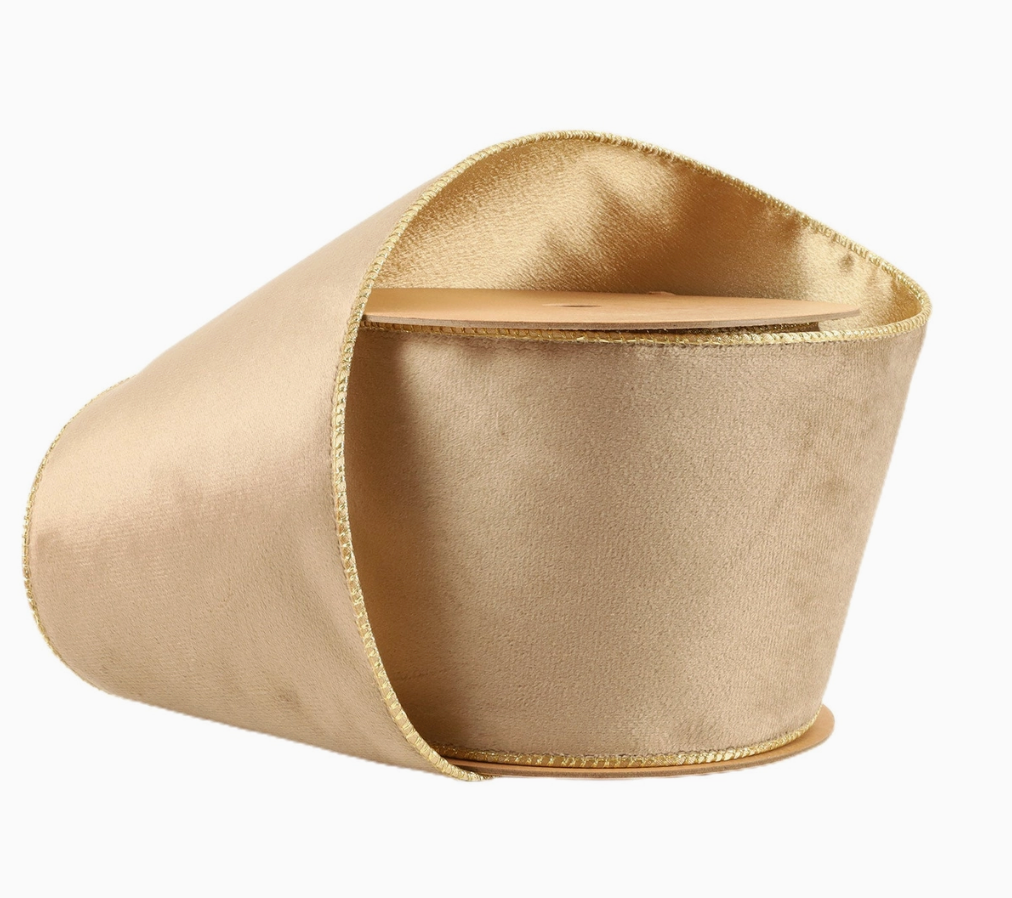 4" Latte/Gold, Reversible Classic Velvet Wired Ribbon 10 Yard Roll
