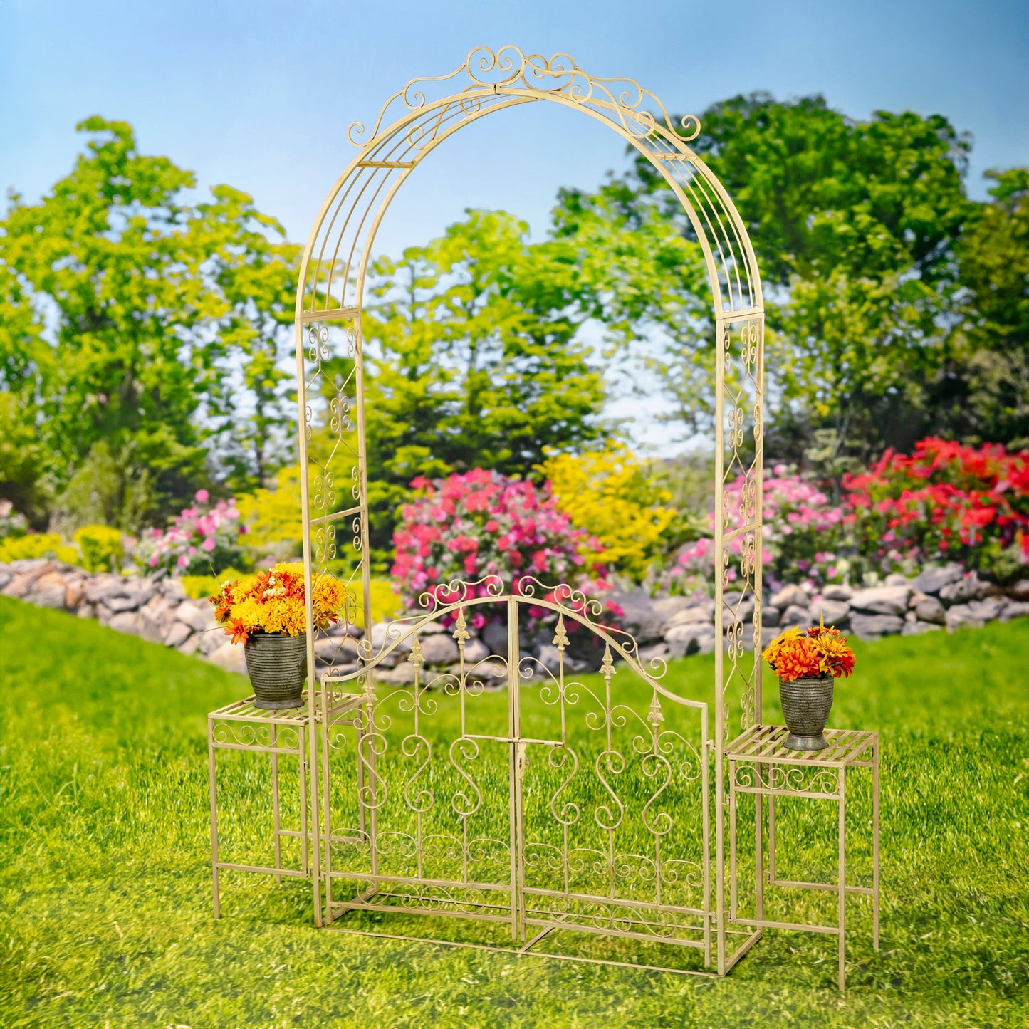 Tall Garden Gate Archway with 2 Side Plant Stands