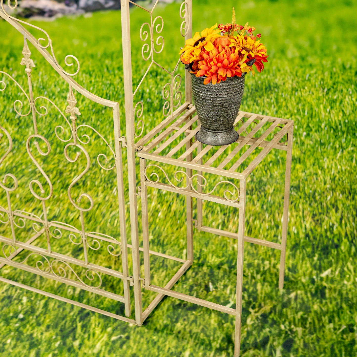 Tall Garden Gate Archway with 2 Side Plant Stands