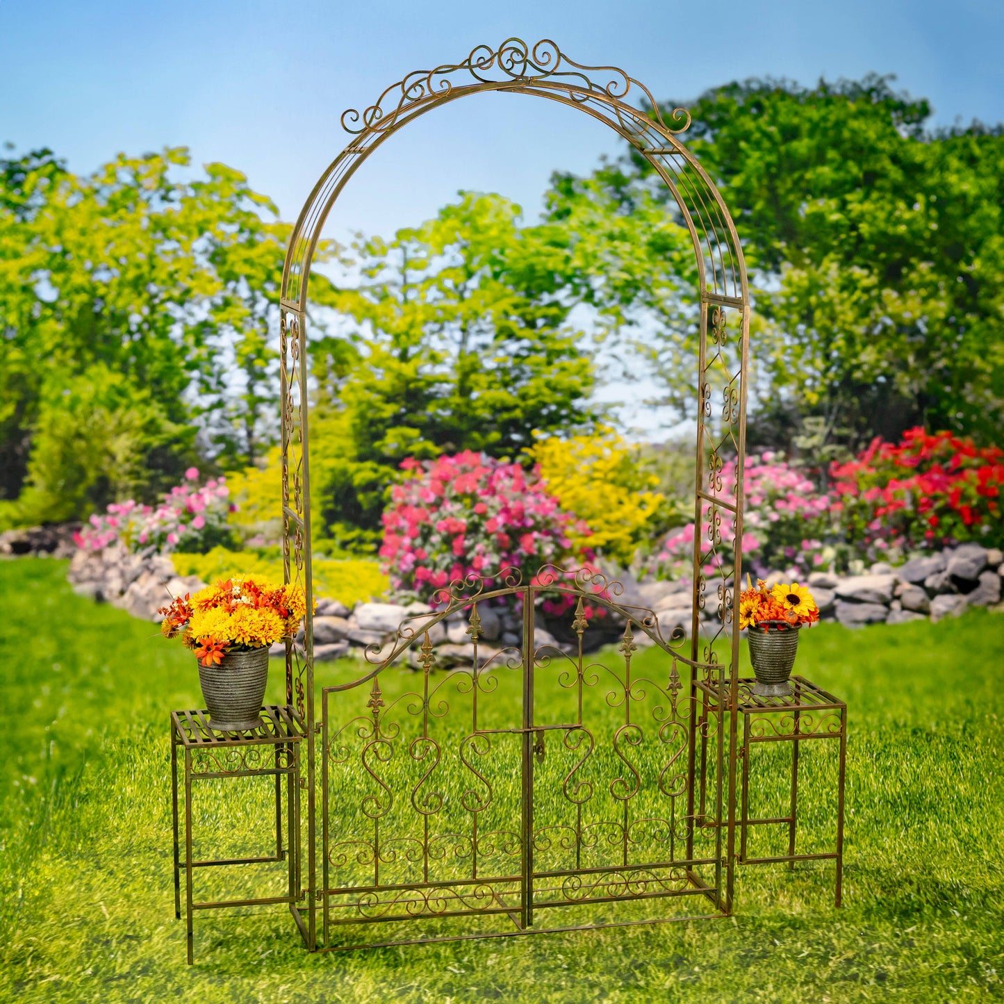 Tall Garden Gate Archway with 2 Side Plant Stands