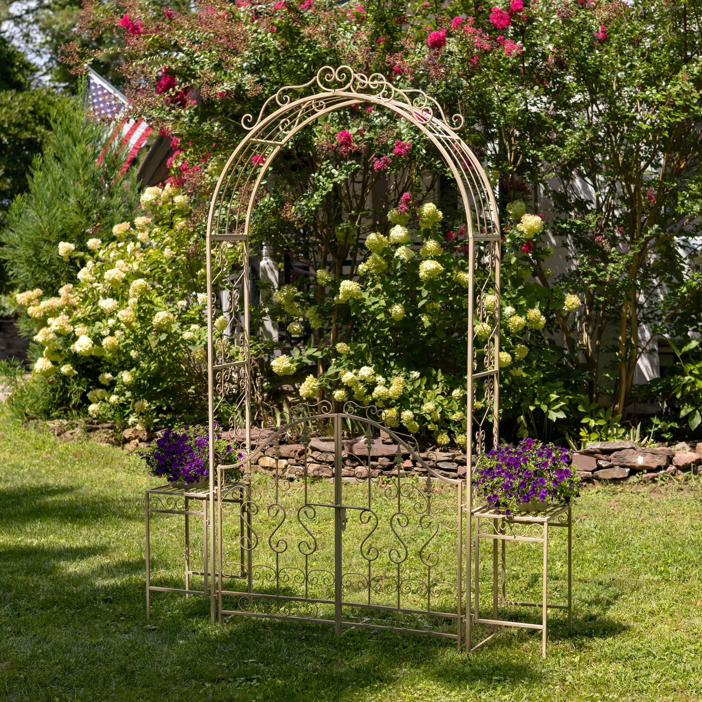 Tall Garden Gate Archway with 2 Side Plant Stands
