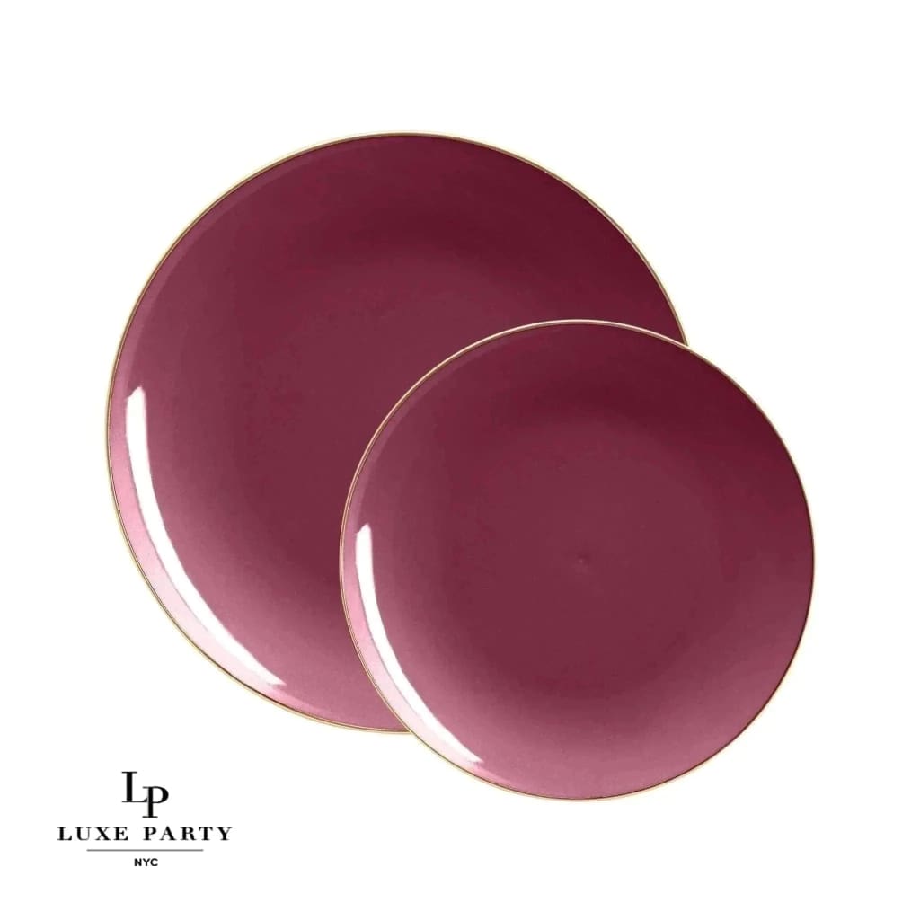 10.25" Round Cranberry Red and Gold Plastic Dinner Plates - 10 Pack