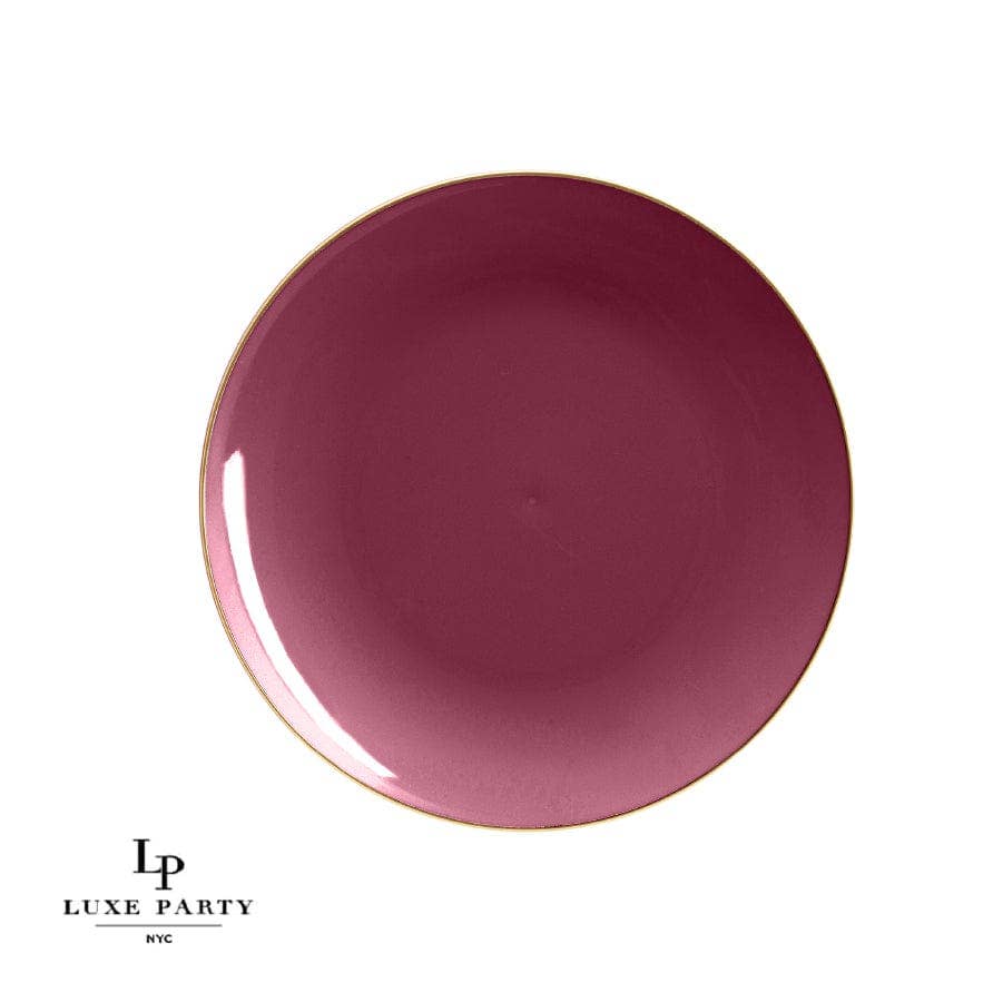 10.25" Round Cranberry Red and Gold Plastic Dinner Plates - 10 Pack