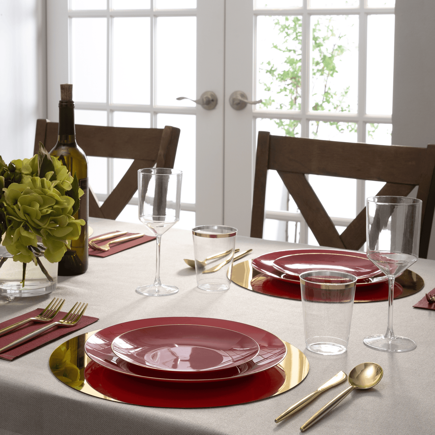 10.25" Round Cranberry Red and Gold Plastic Dinner Plates - 10 Pack