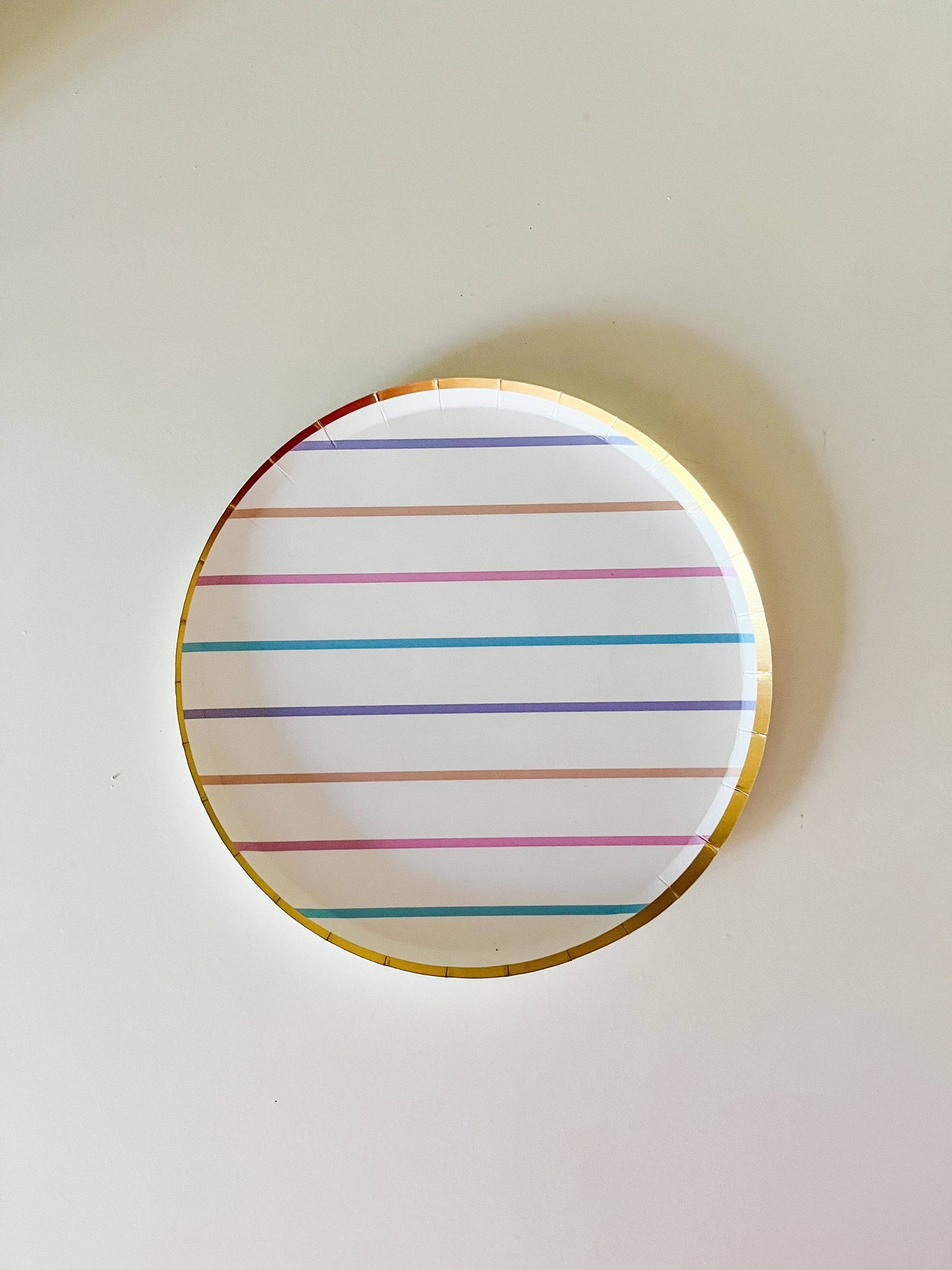 7" Pastel Striped Small Paper Plates with Gold Foil Trim - 8 Per Pack