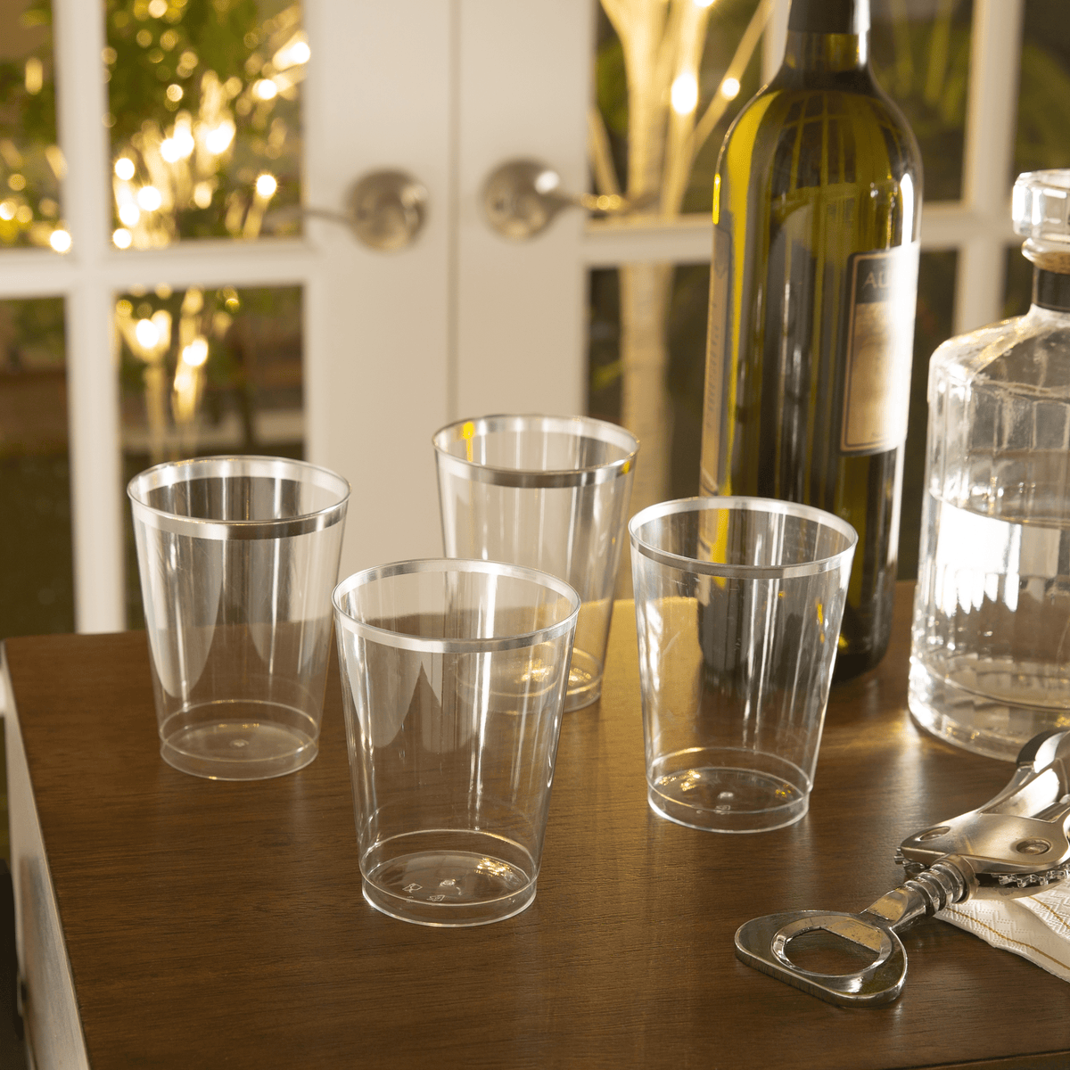 9 Oz Clear Plastic Cups Silver Rim - 20 Cups Per Pack