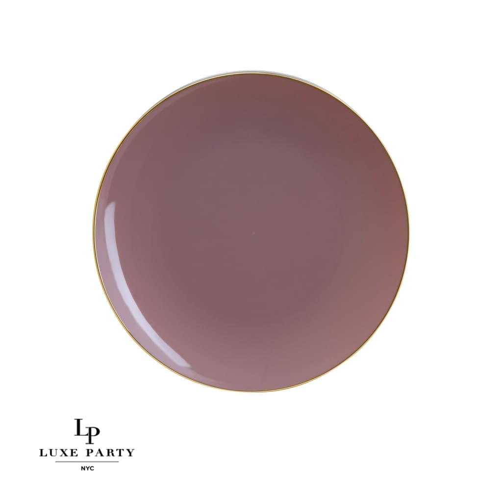 7.25" Round Mauve and Gold Trim Plastic Appetizer Plates - 10 Per Pack