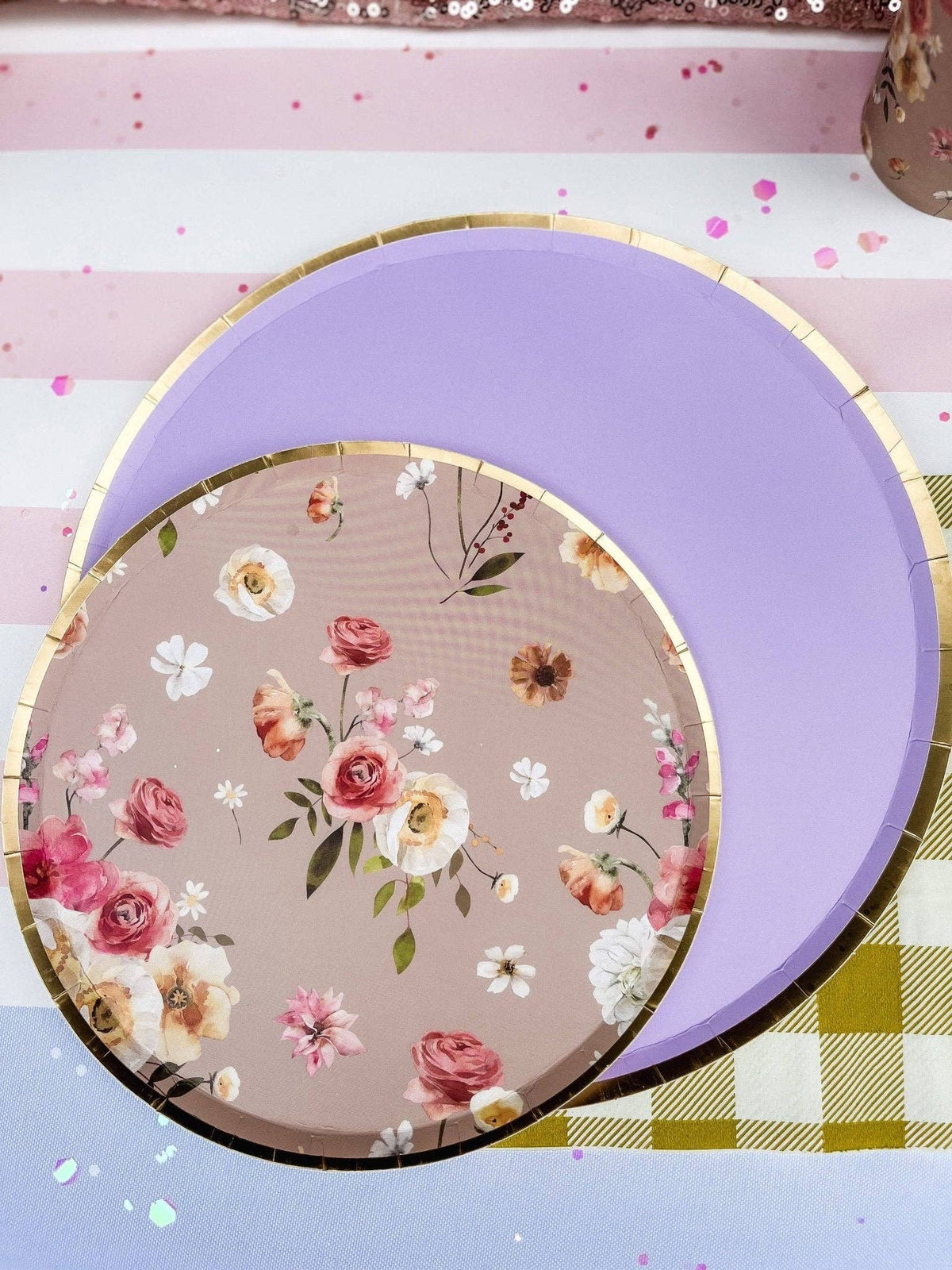 9" Lavender and Gold Foil Trim Paper Plates -  8 Per Pack