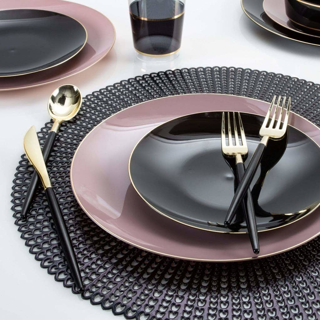 7.25" Round Mauve and Gold Trim Plastic Appetizer Plates - 10 Per Pack