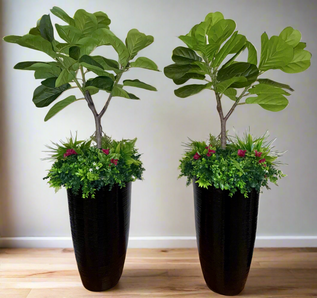 Real Touch Fiddle Leaf Tree and Boxwood Filler In A Tall Black Container (55” tall)