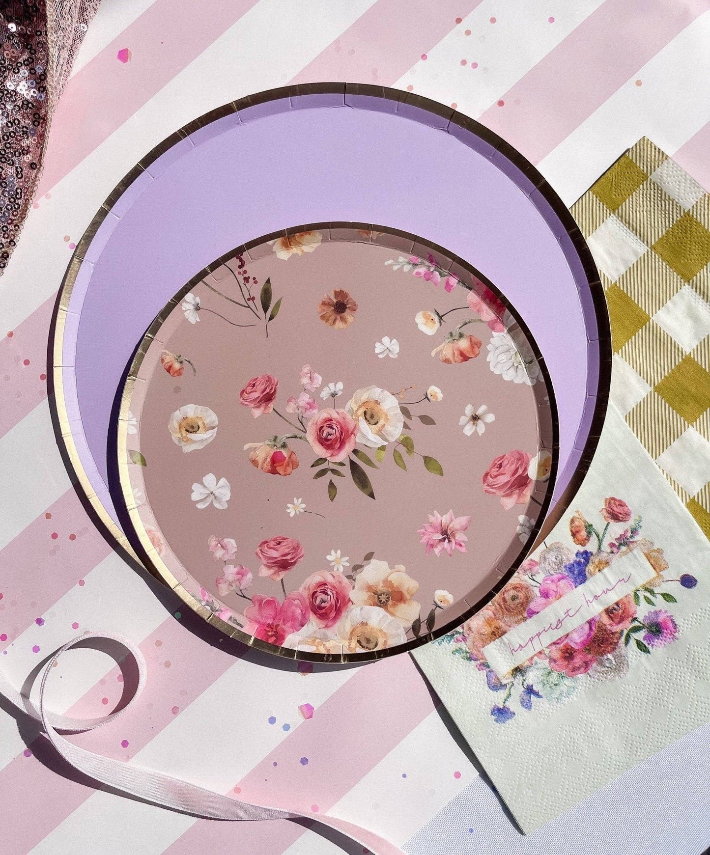 9" Lavender and Gold Foil Trim Paper Plates -  8 Per Pack