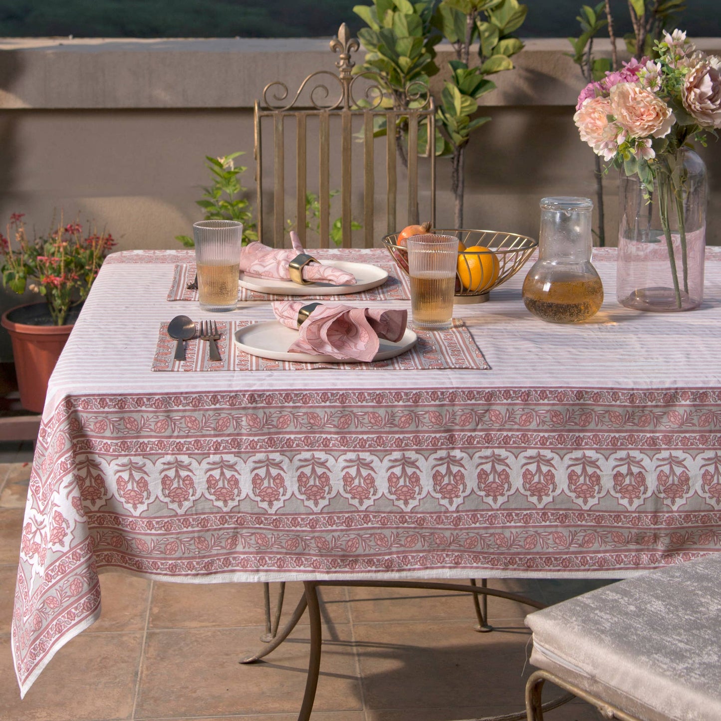 Floral Handprinted Cotton Tablecloth - Rectangular 56" x 88"