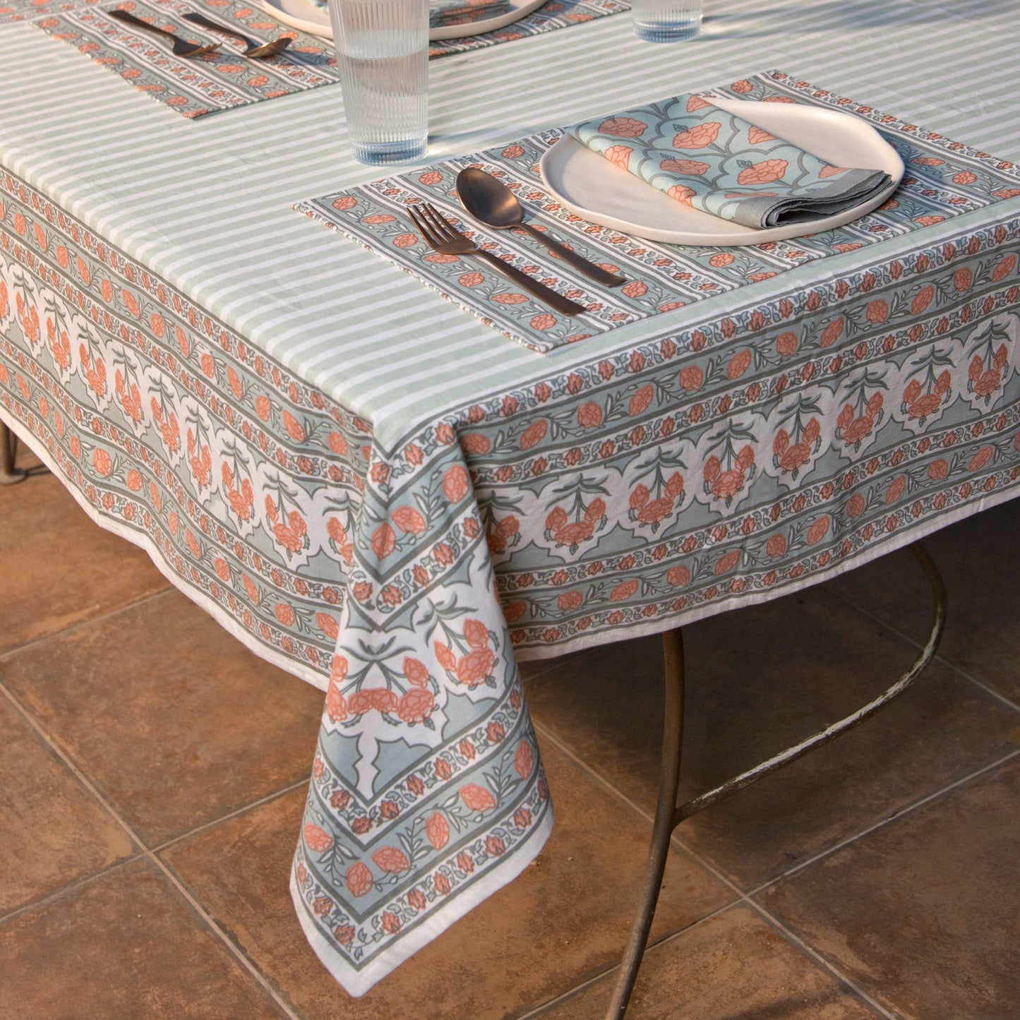 Floral Handprinted Cotton Tablecloth - Rectangular 56" x 88"
