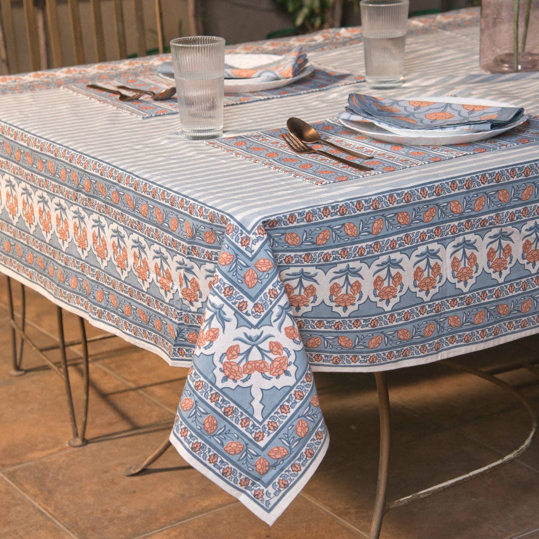 Floral Handprinted Cotton Tablecloth - Rectangular 56" x 88"