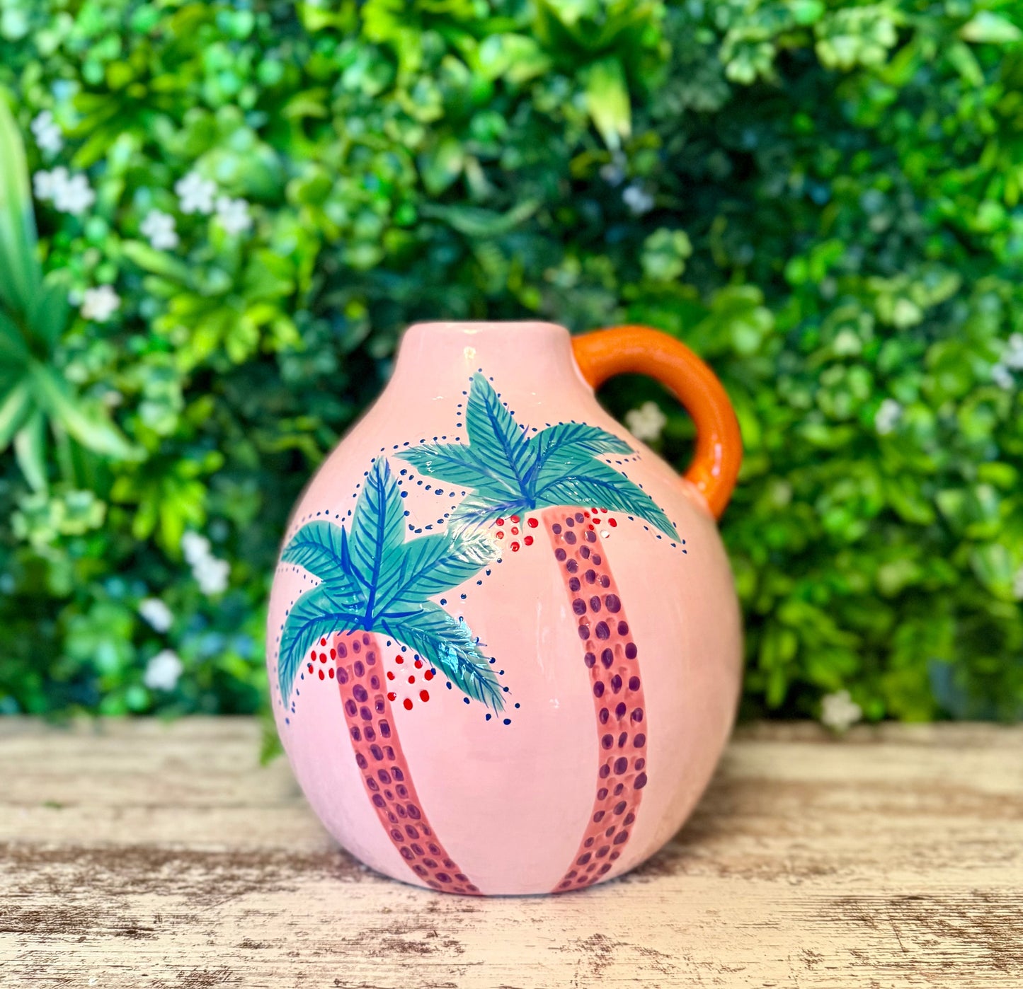 Pink Hand Painted Coconut Palm Ceramic Vase