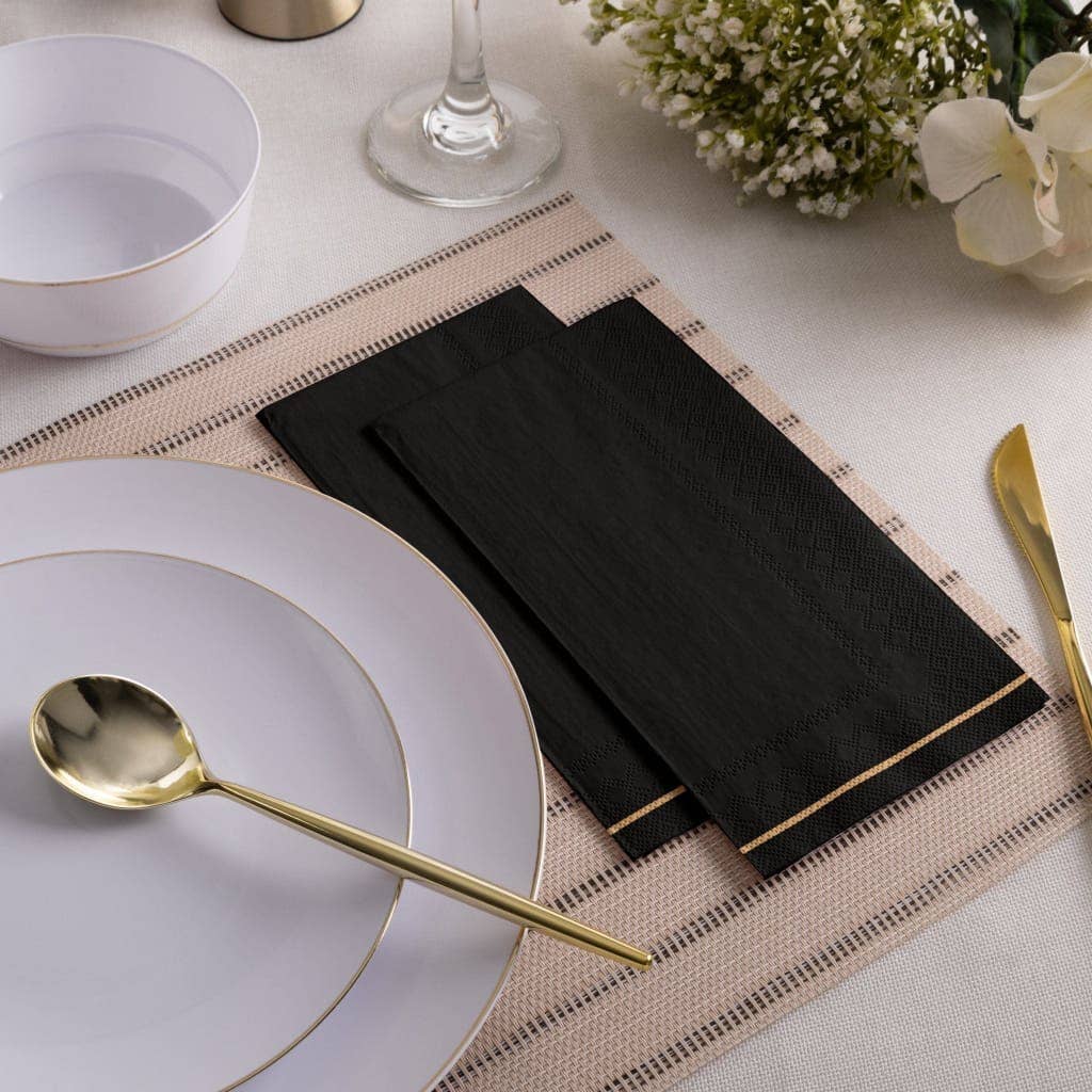 Black With Gold Stripe Paper Dinner Napkins - 16 Pack