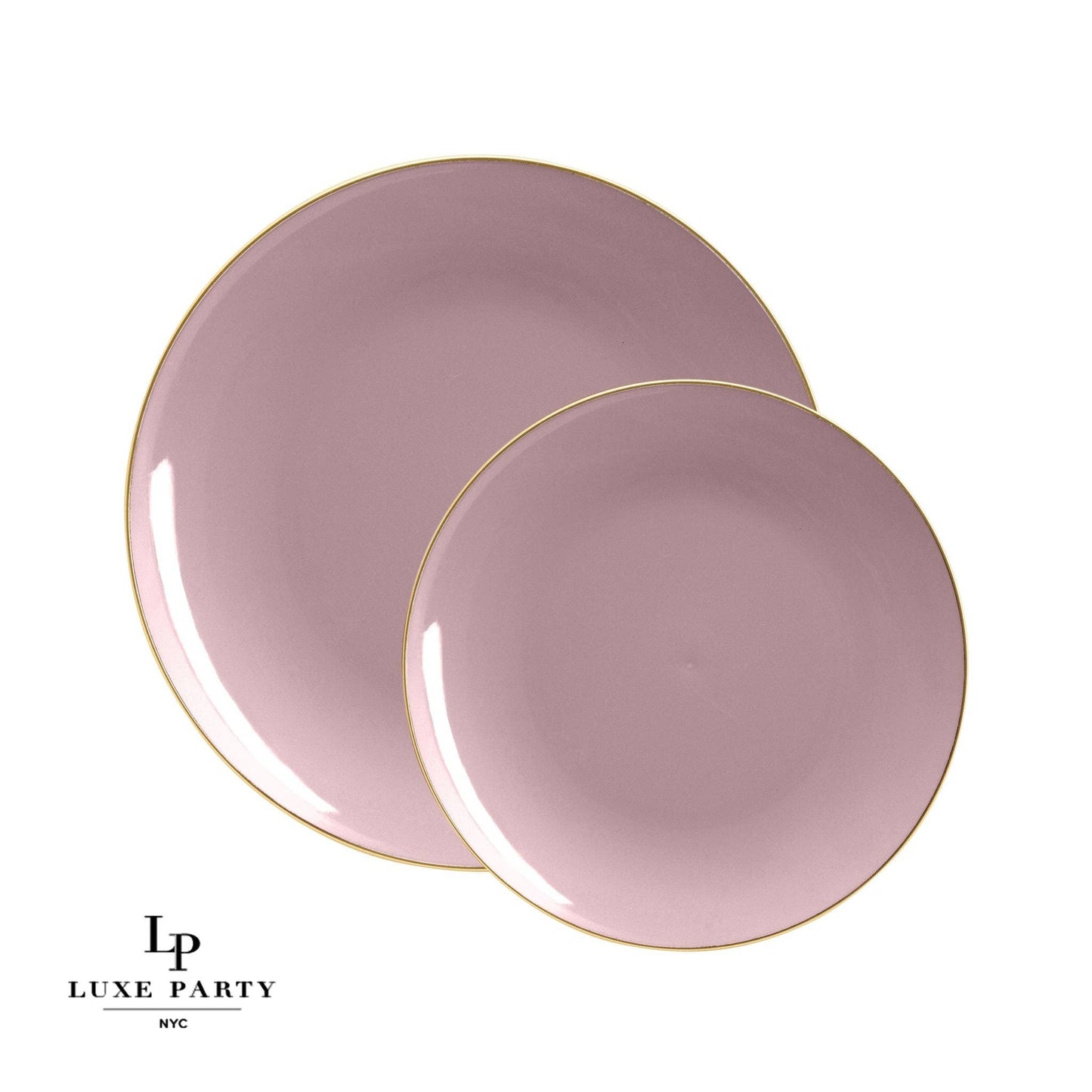7.25" Round Mauve and Gold Trim Plastic Appetizer Plates - 10 Per Pack