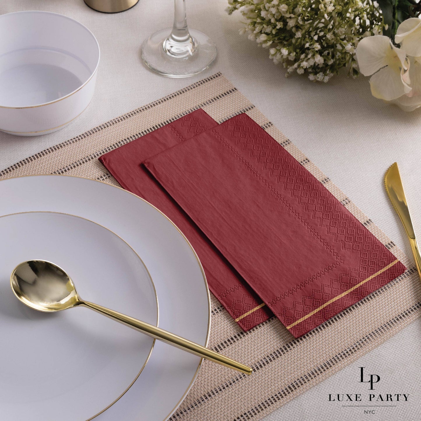 Cranberry Red With Gold Stripe Paper Dinner Napkins - 16 Pack
