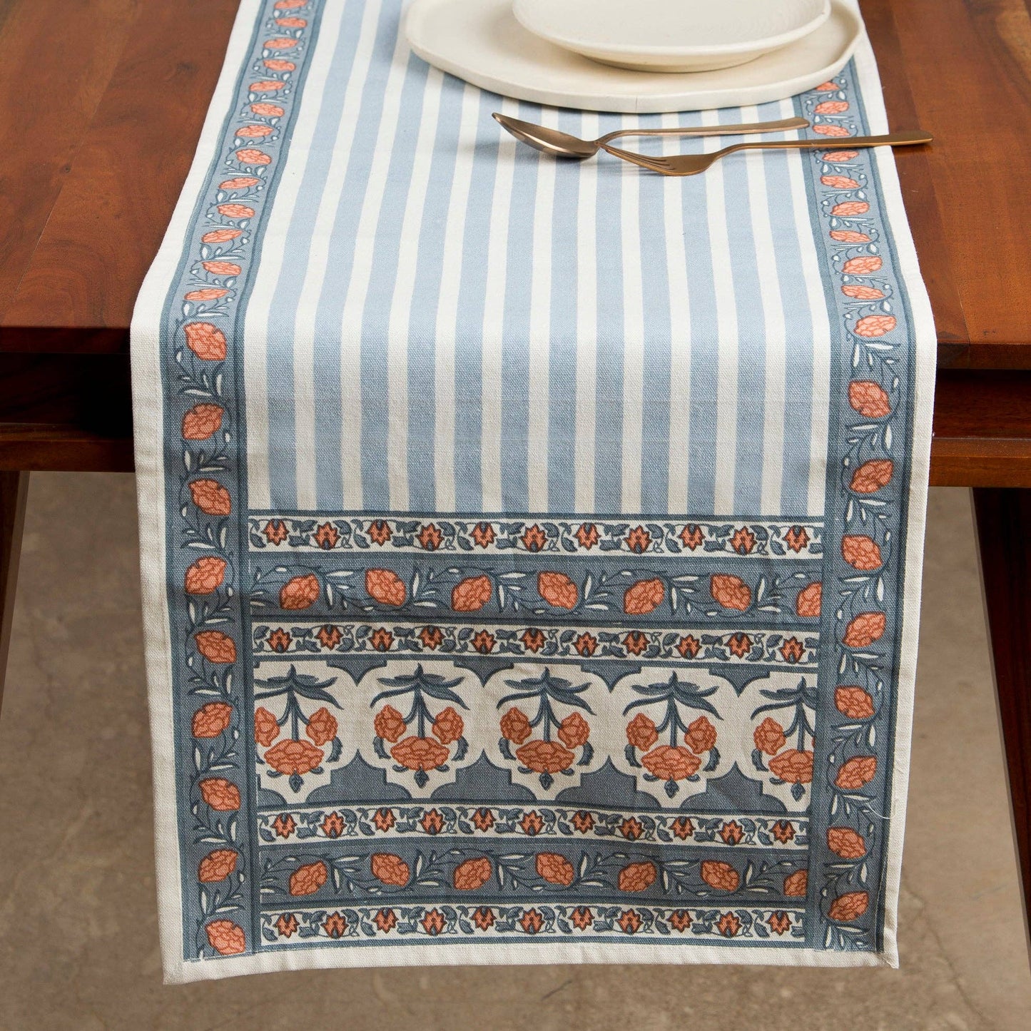Floral Handprinted Cotton Table Runner - 6 Seater