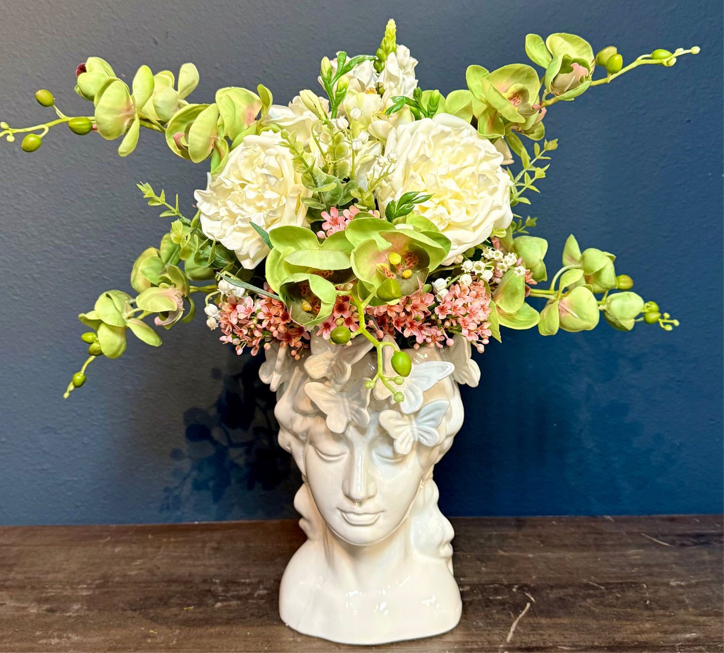 Beautiful Lady With Delicate Real Touch Green Orchids and White Roses
