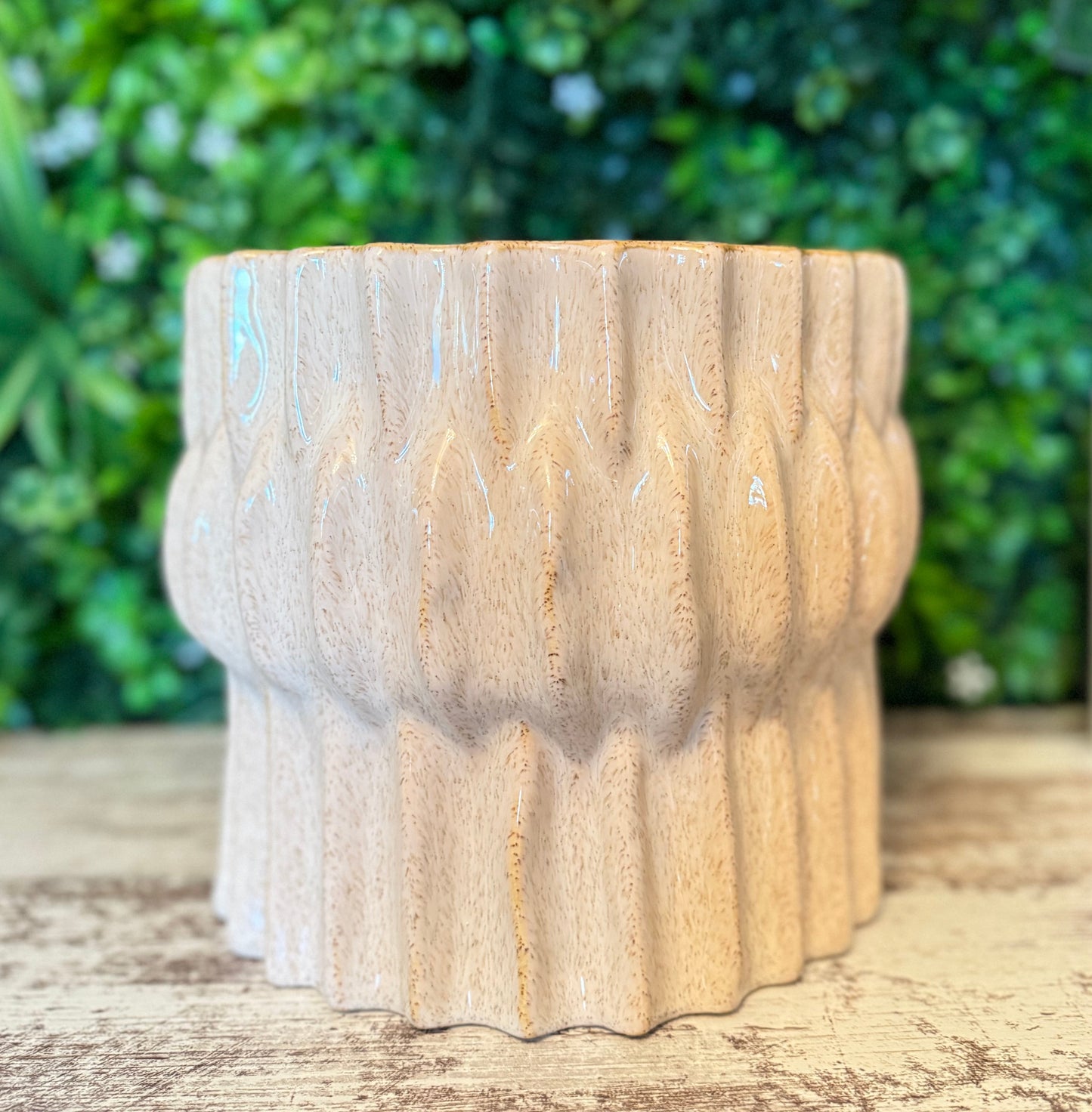 Tan Rippled Ceramic Pot