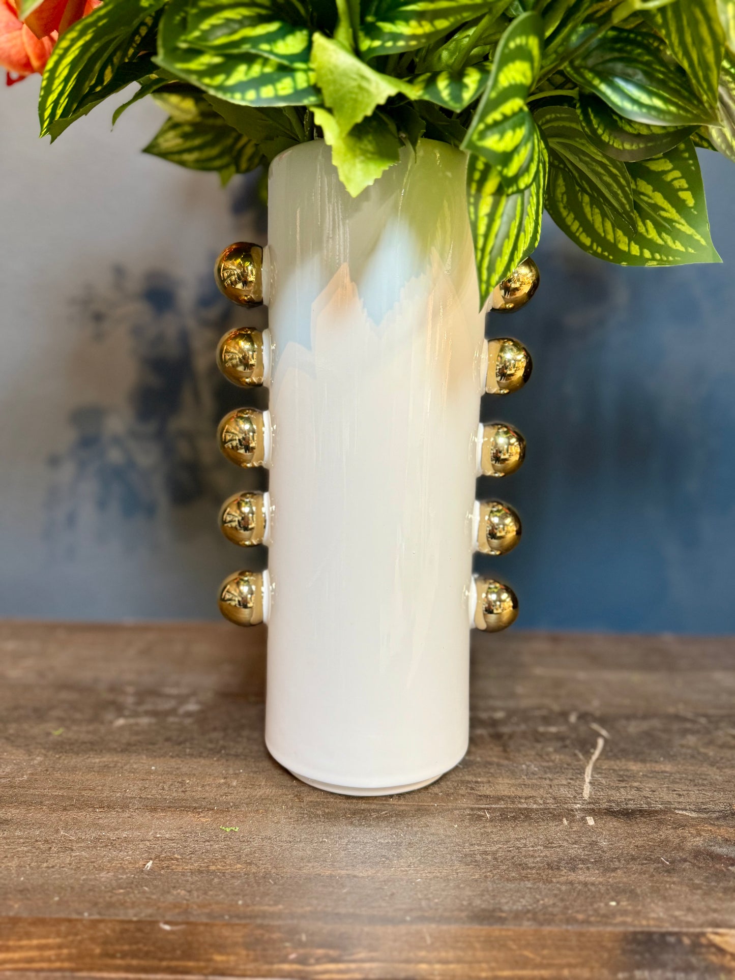 Bright Orange Real Touch Orchids With White Chrysanthemums in a Gold and White Vase