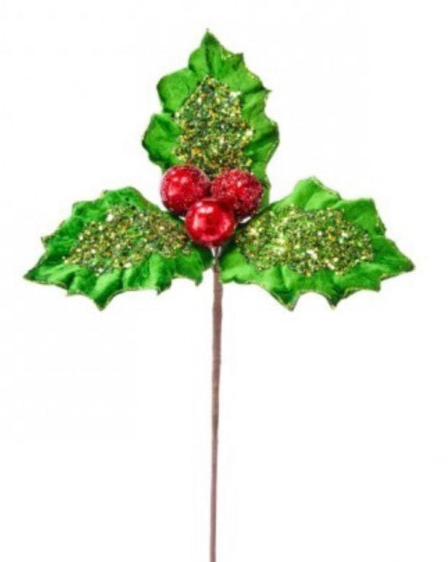 18" GREEN/RED JEWEL GLITTER HOLLY BERRY STEM