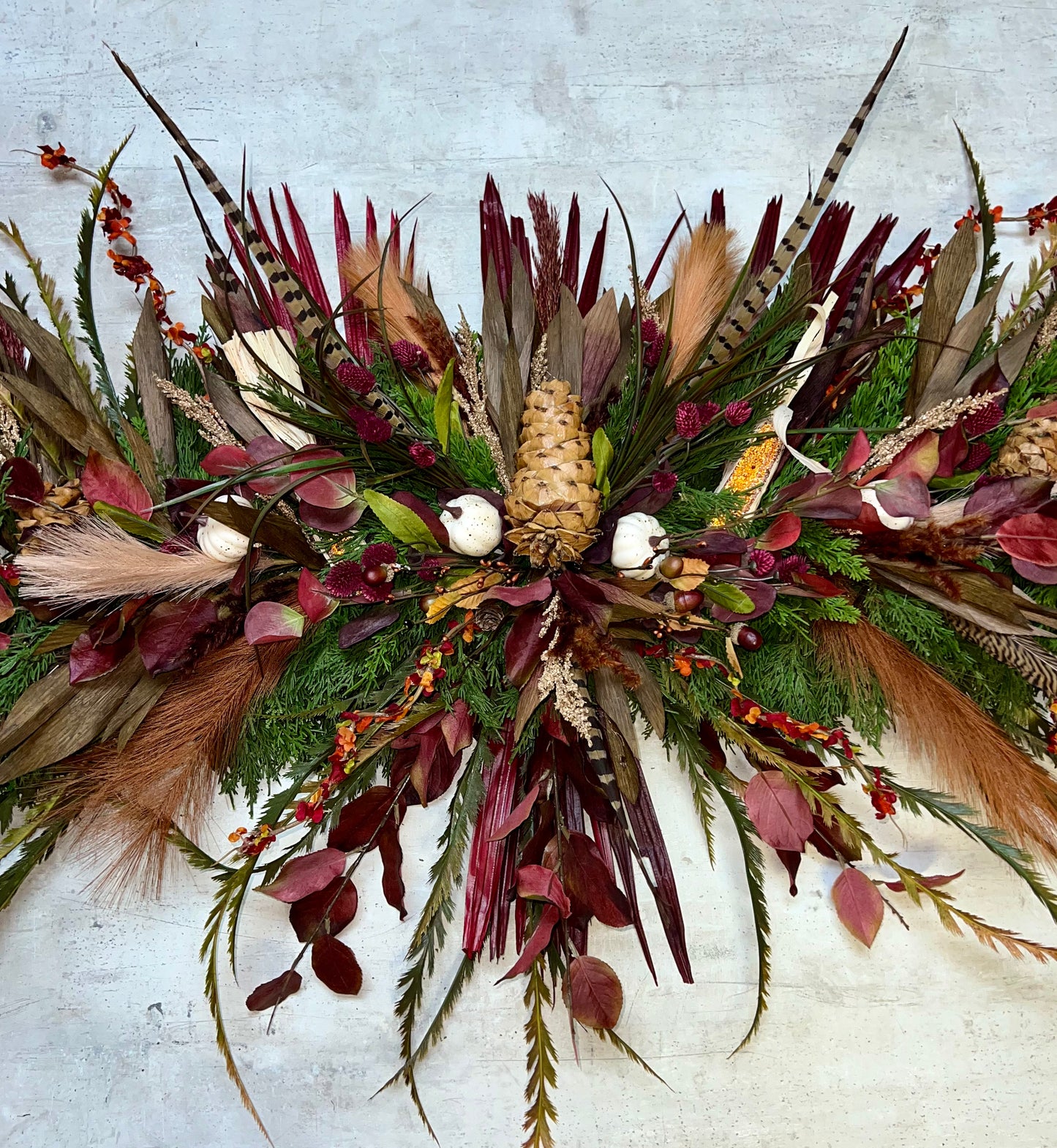 Fall Maroon and Feather Garland With Matching Wreath