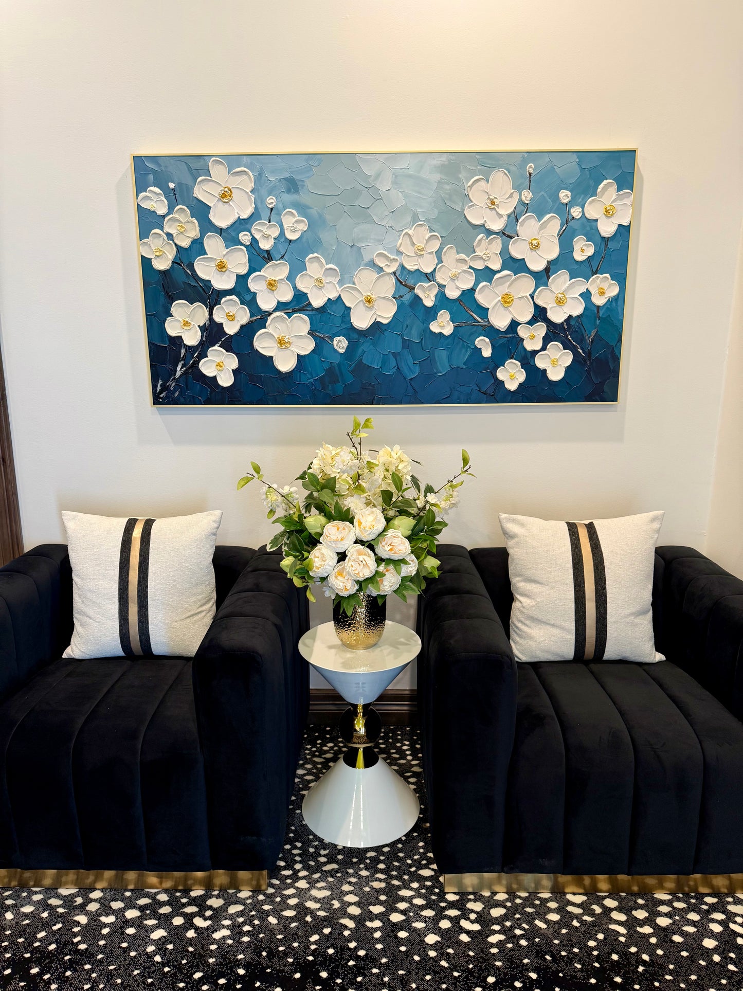 Elegant Real Touch Peonies, and Large Cone Hydrangeas in a Gold Textured Vase