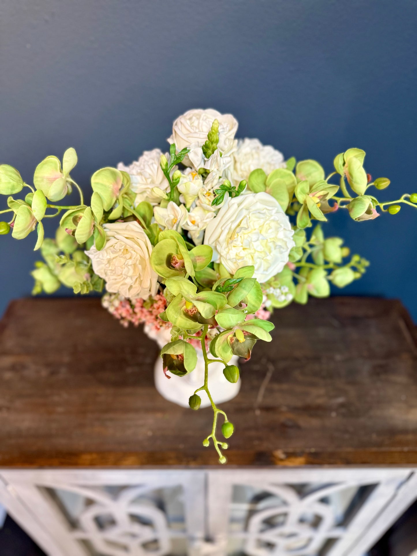 Beautiful Lady With Delicate Real Touch Green Orchids and White Roses
