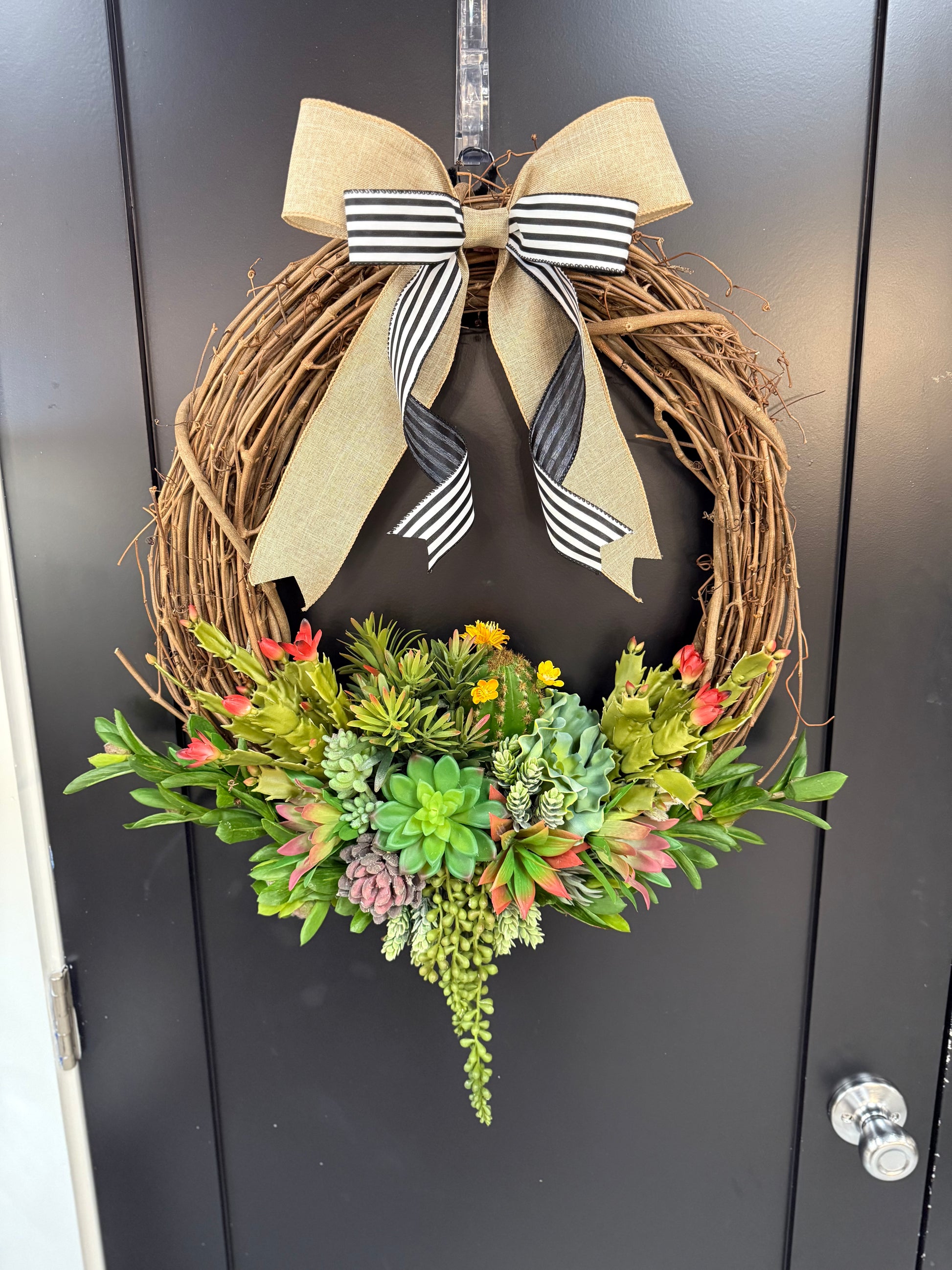 succulent ribbon 18 Inch Grapevine Succulent Wreath With Burlap & Striped Bow – Kingdom Floral Designs by Amber