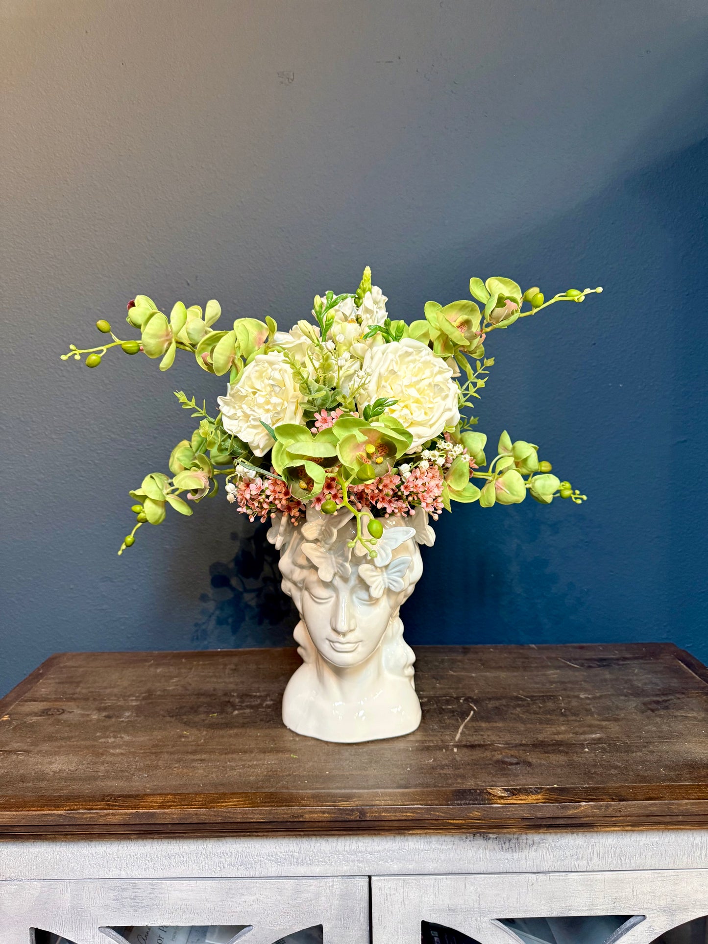 Beautiful Lady With Delicate Real Touch Green Orchids and White Roses